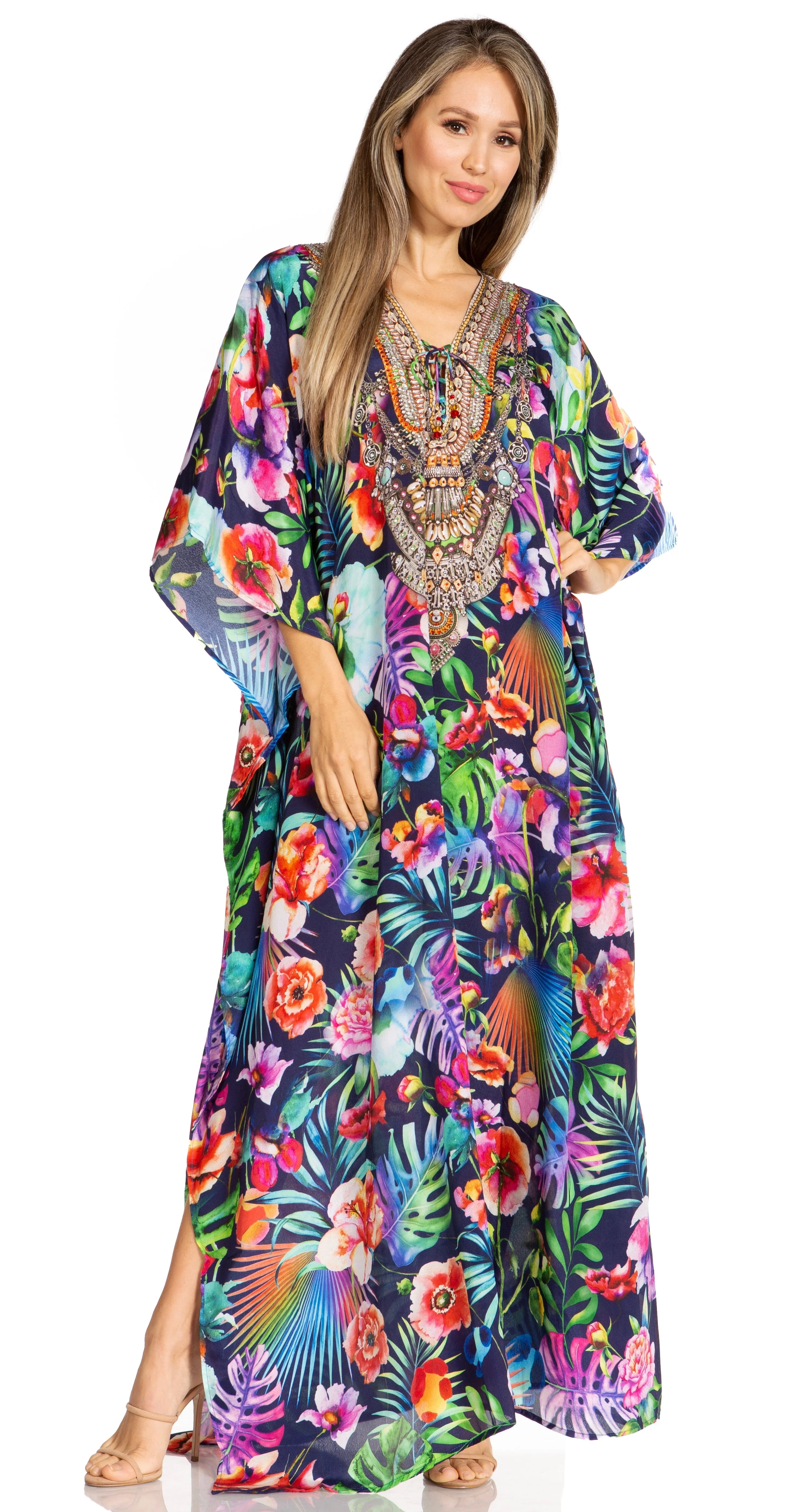 Sakkas Yeni Women's Short Sleeve V-neck Summer Floral Long Caftan Dress Cover-up - Image 199