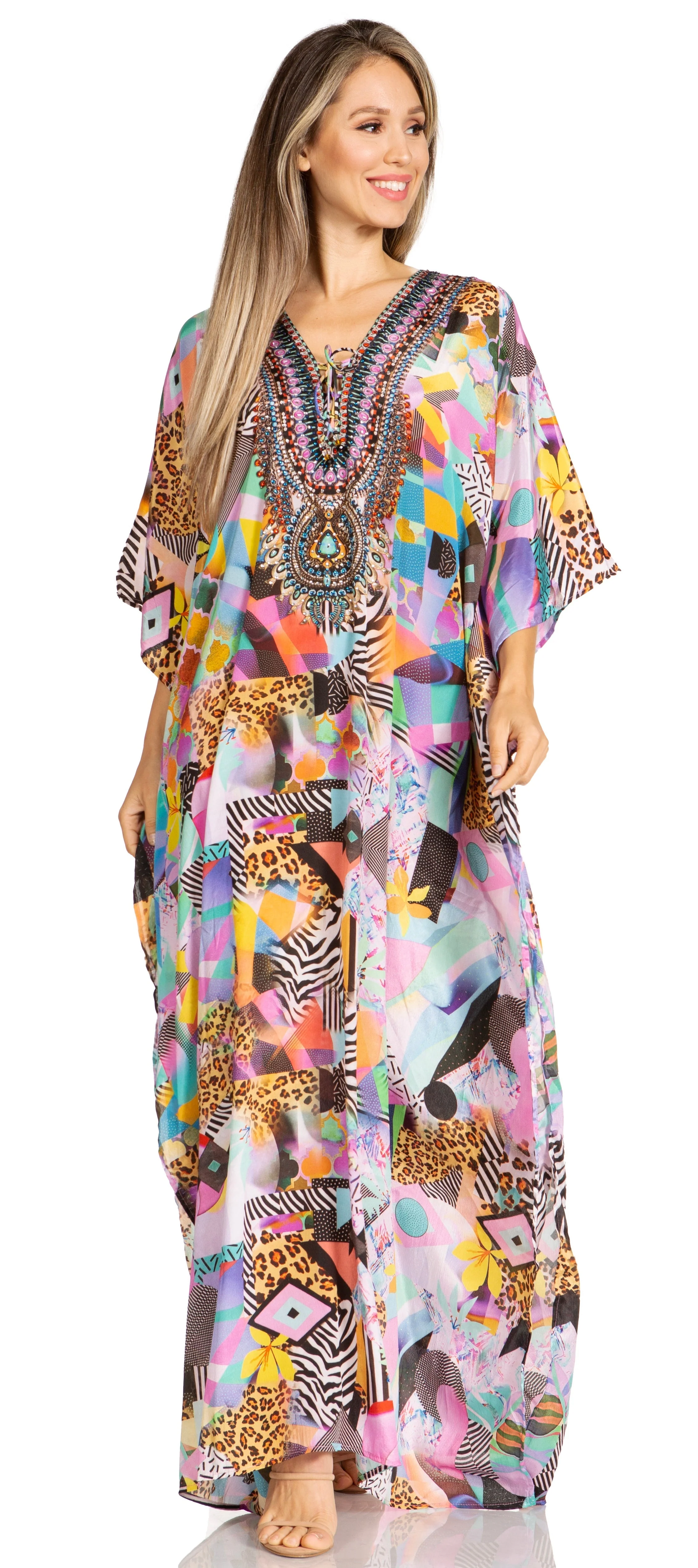Sakkas Yeni Women's Short Sleeve V-neck Summer Floral Long Caftan Dress Cover-up - Image 200