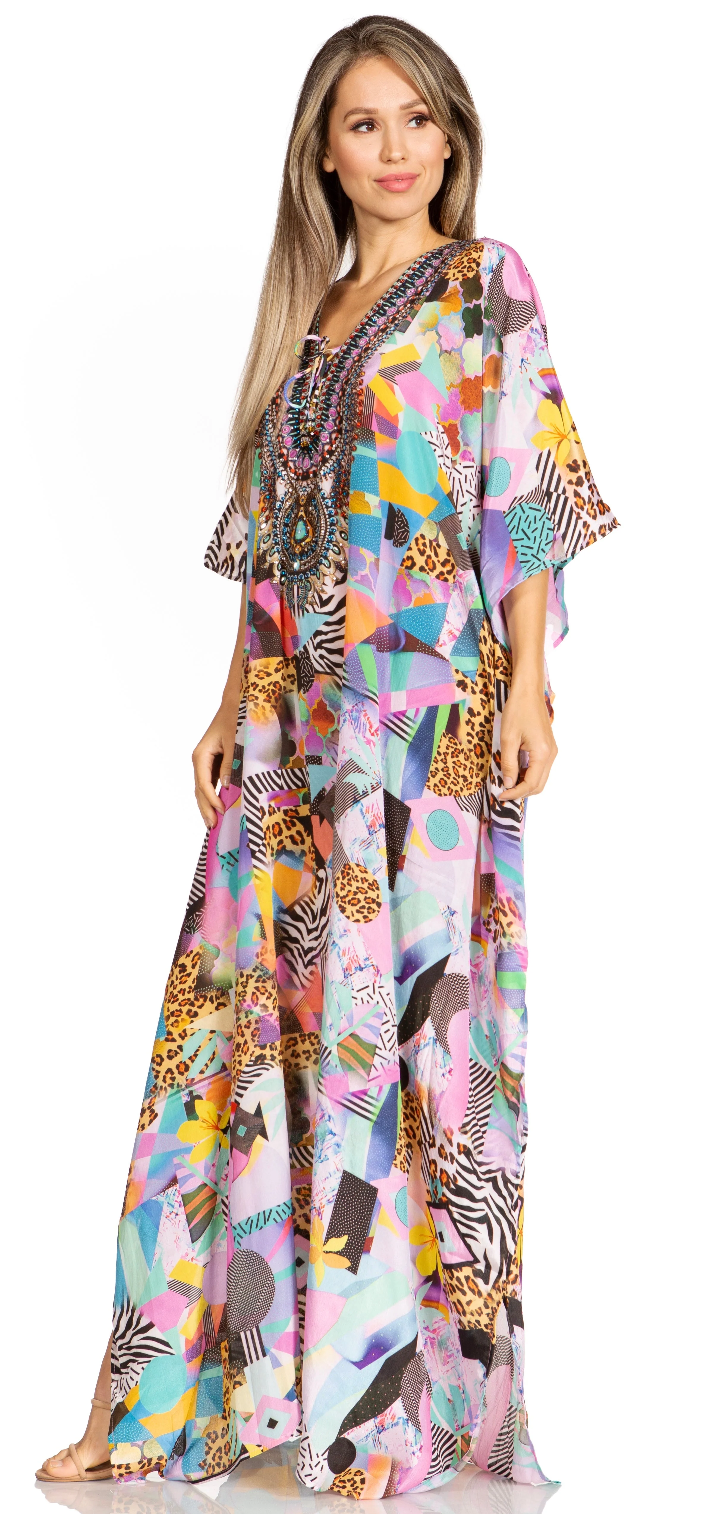 Sakkas Yeni Women's Short Sleeve V-neck Summer Floral Long Caftan Dress Cover-up - Image 202