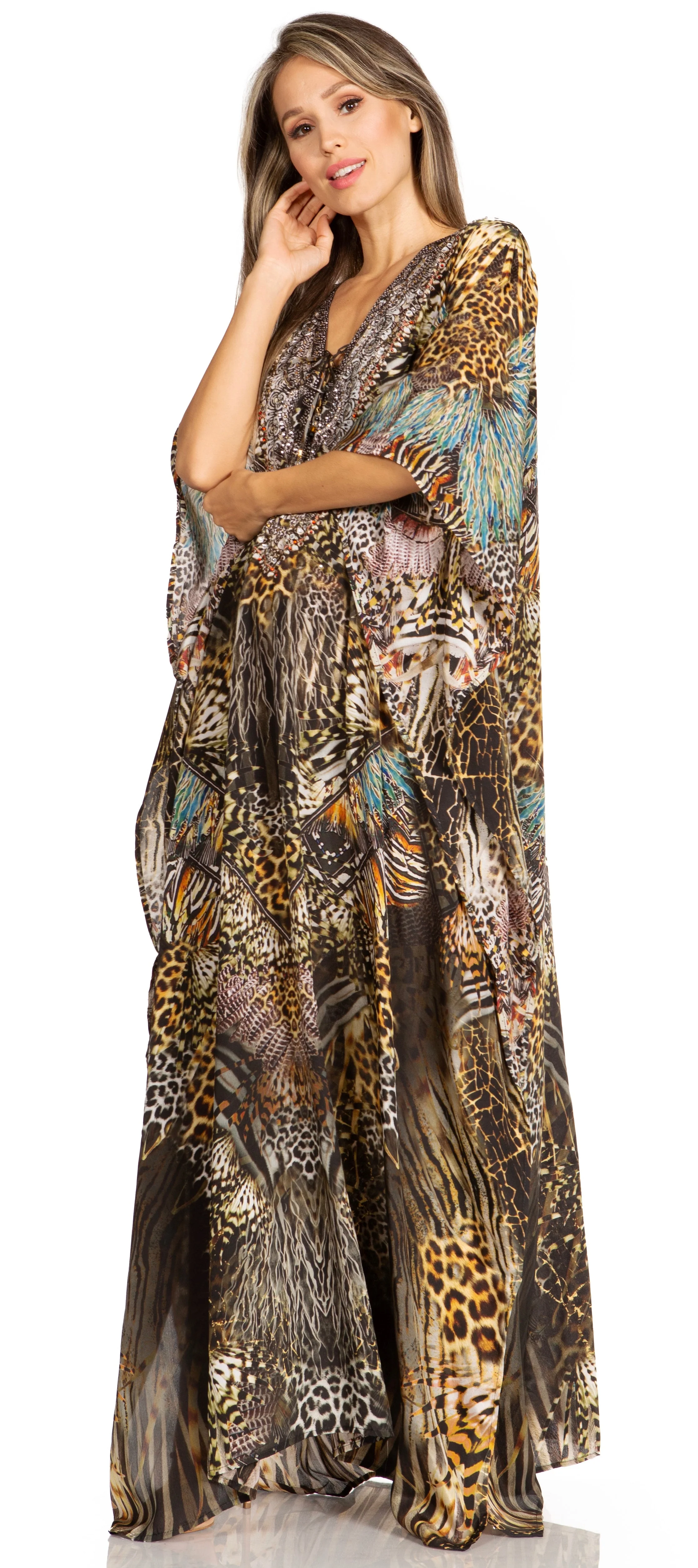 Sakkas Yeni Women's Short Sleeve V-neck Summer Floral Long Caftan Dress Cover-up - Image 212