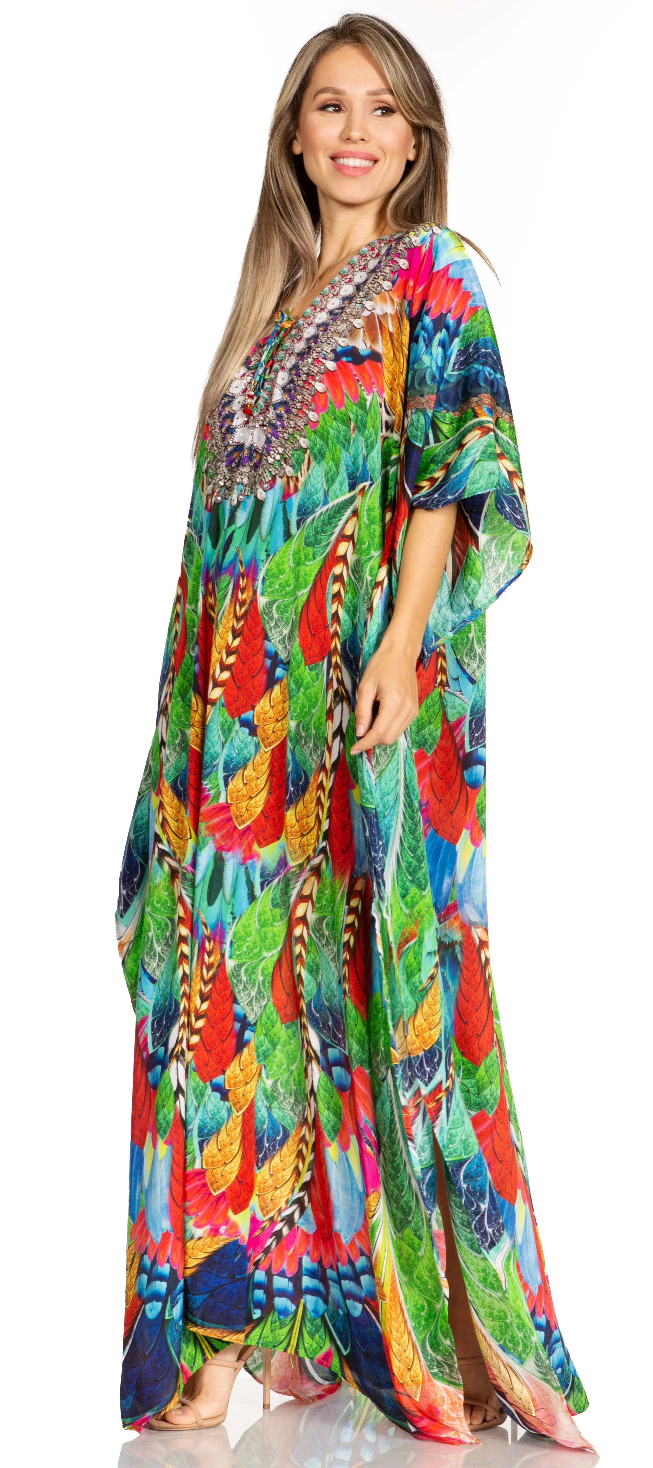 Sakkas Yeni Women's Short Sleeve V-neck Summer Floral Long Caftan Dress Cover-up - Image 222