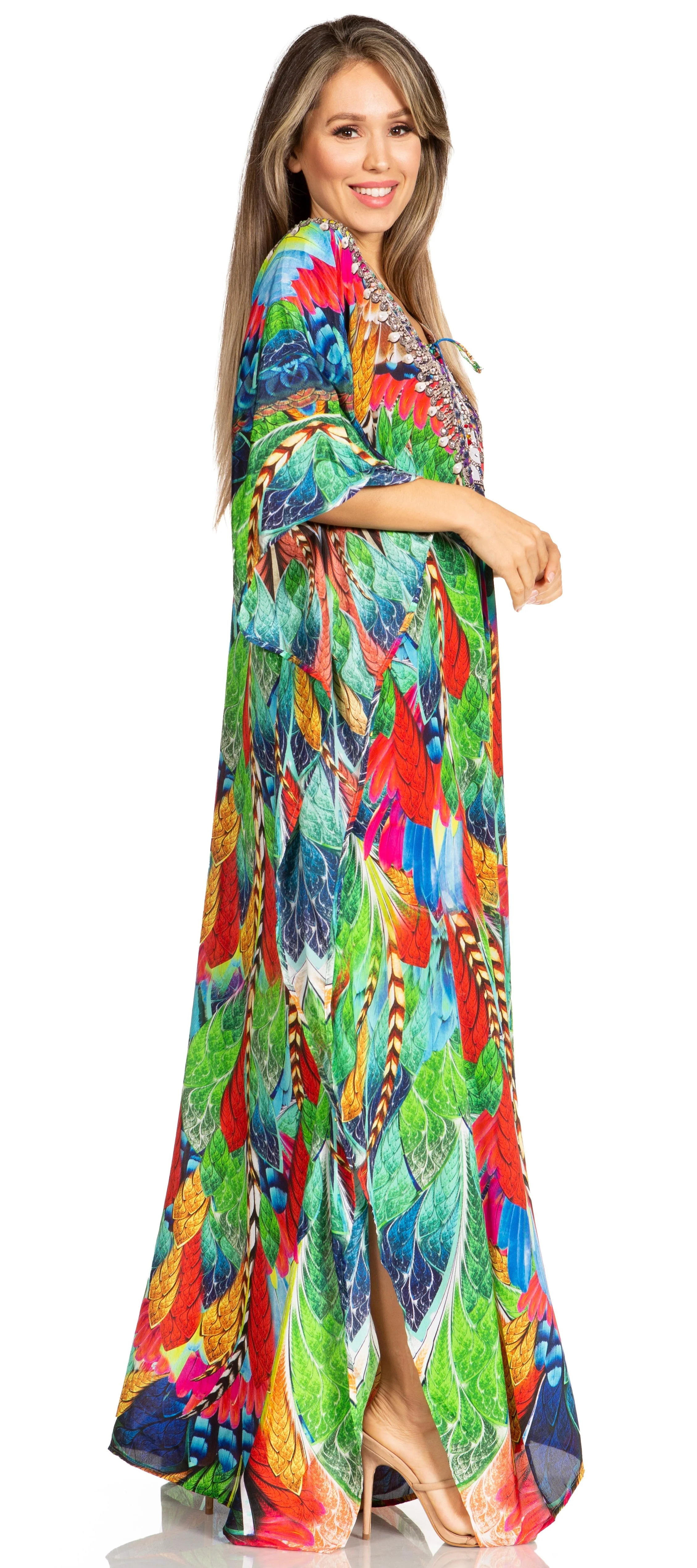 Sakkas Yeni Women's Short Sleeve V-neck Summer Floral Long Caftan Dress Cover-up - Image 223