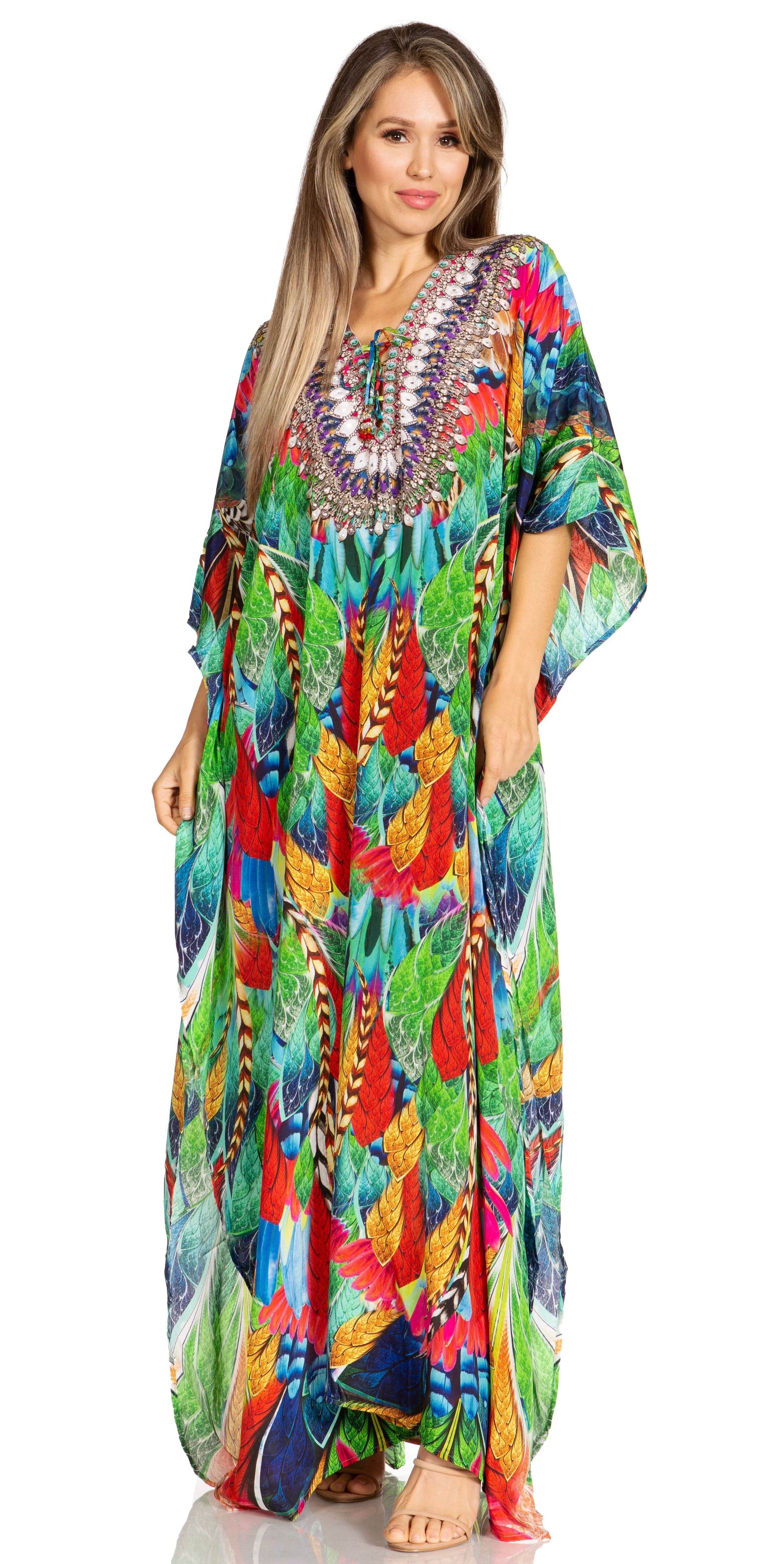 Sakkas Yeni Women's Short Sleeve V-neck Summer Floral Long Caftan Dress Cover-up - Image 224