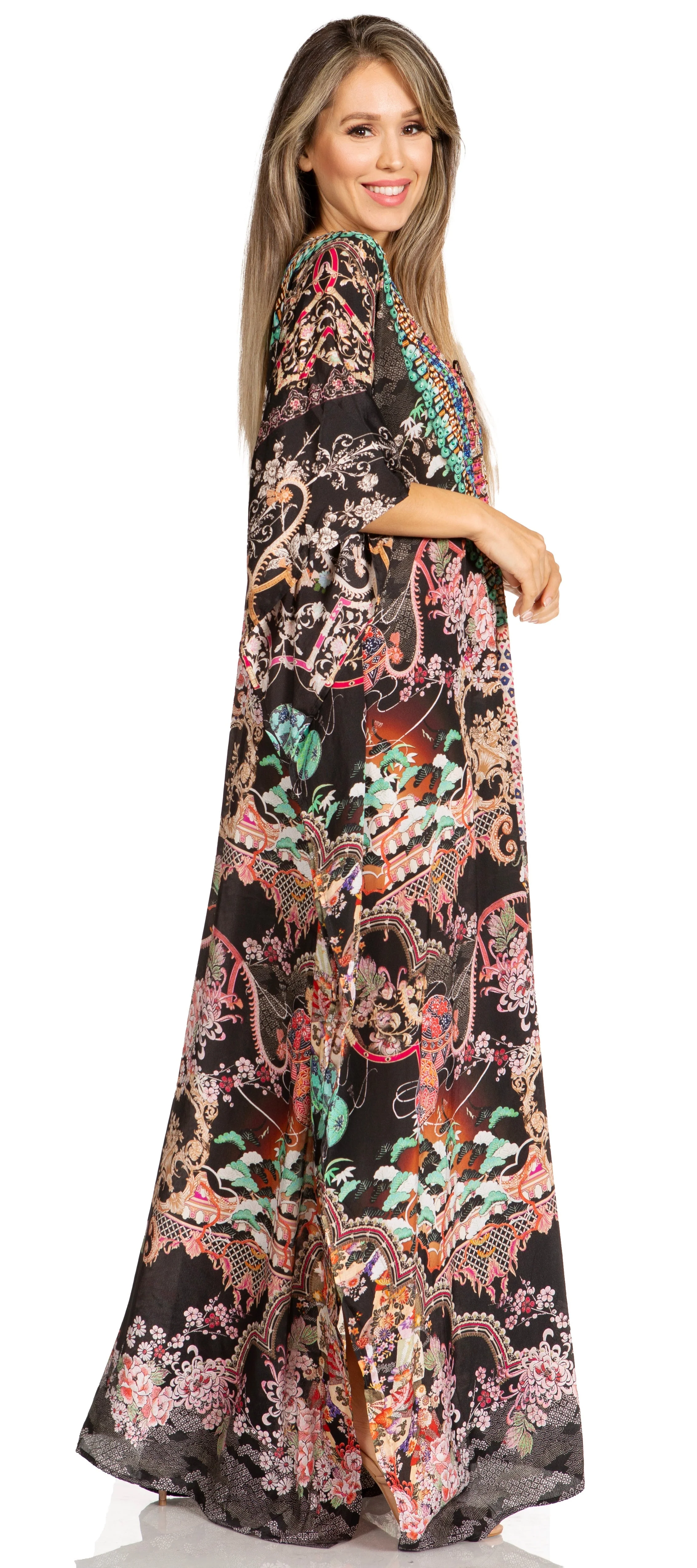 Sakkas Yeni Women's Short Sleeve V-neck Summer Floral Long Caftan Dress Cover-up - Image 228