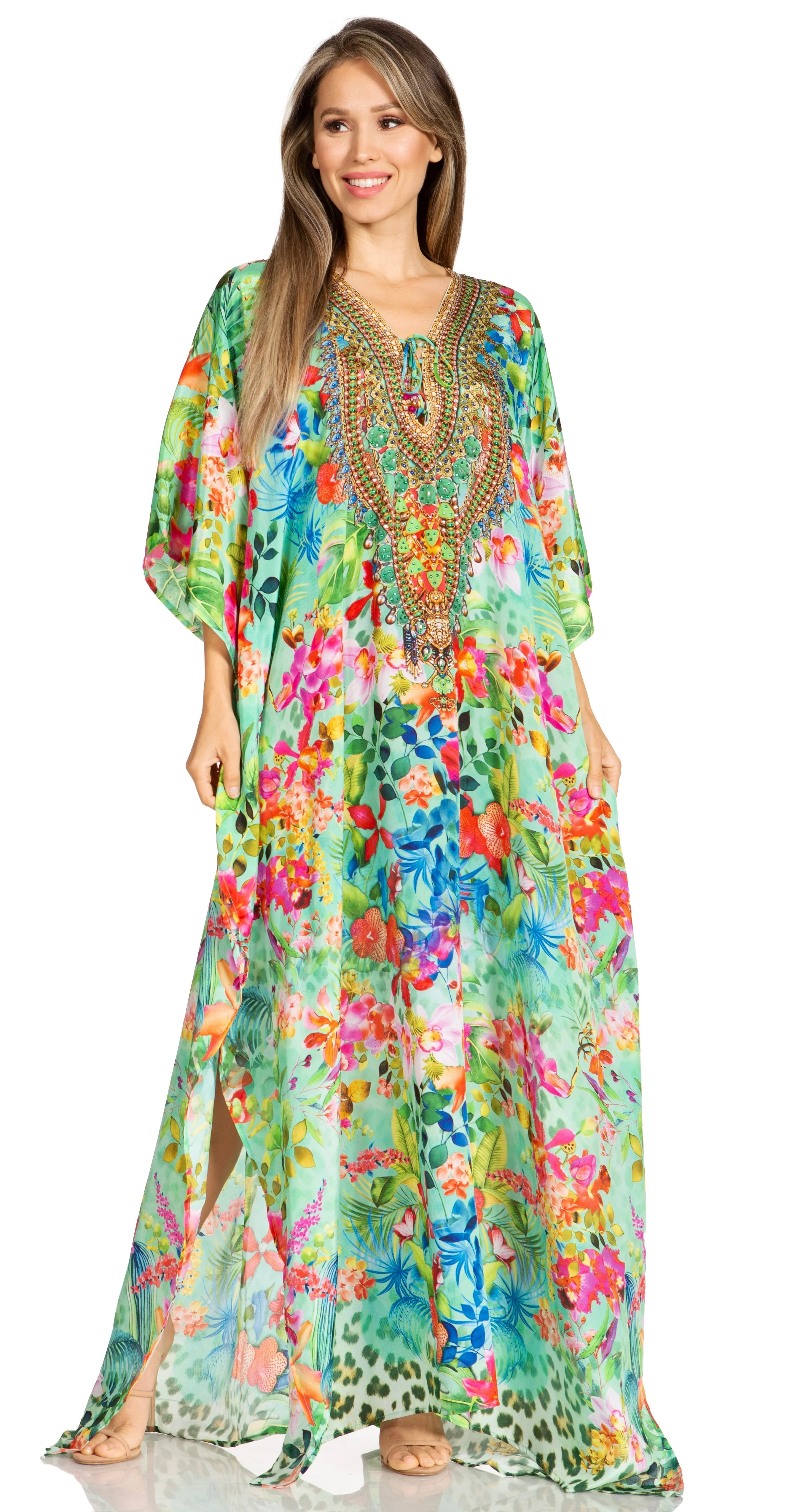 Sakkas Yeni Women's Short Sleeve V-neck Summer Floral Long Caftan Dress Cover-up - Image 230
