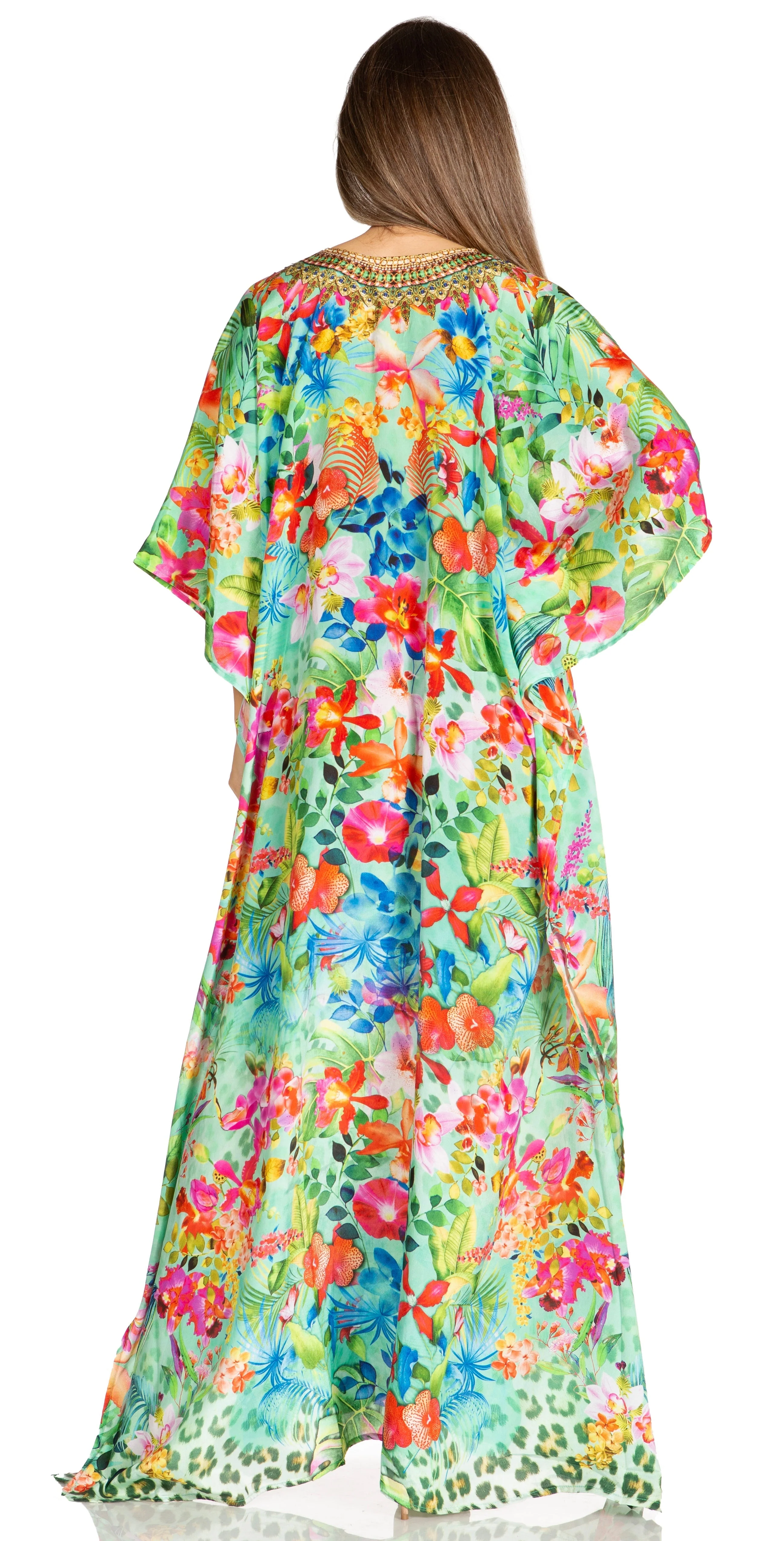Sakkas Yeni Women's Short Sleeve V-neck Summer Floral Long Caftan Dress Cover-up - Image 231