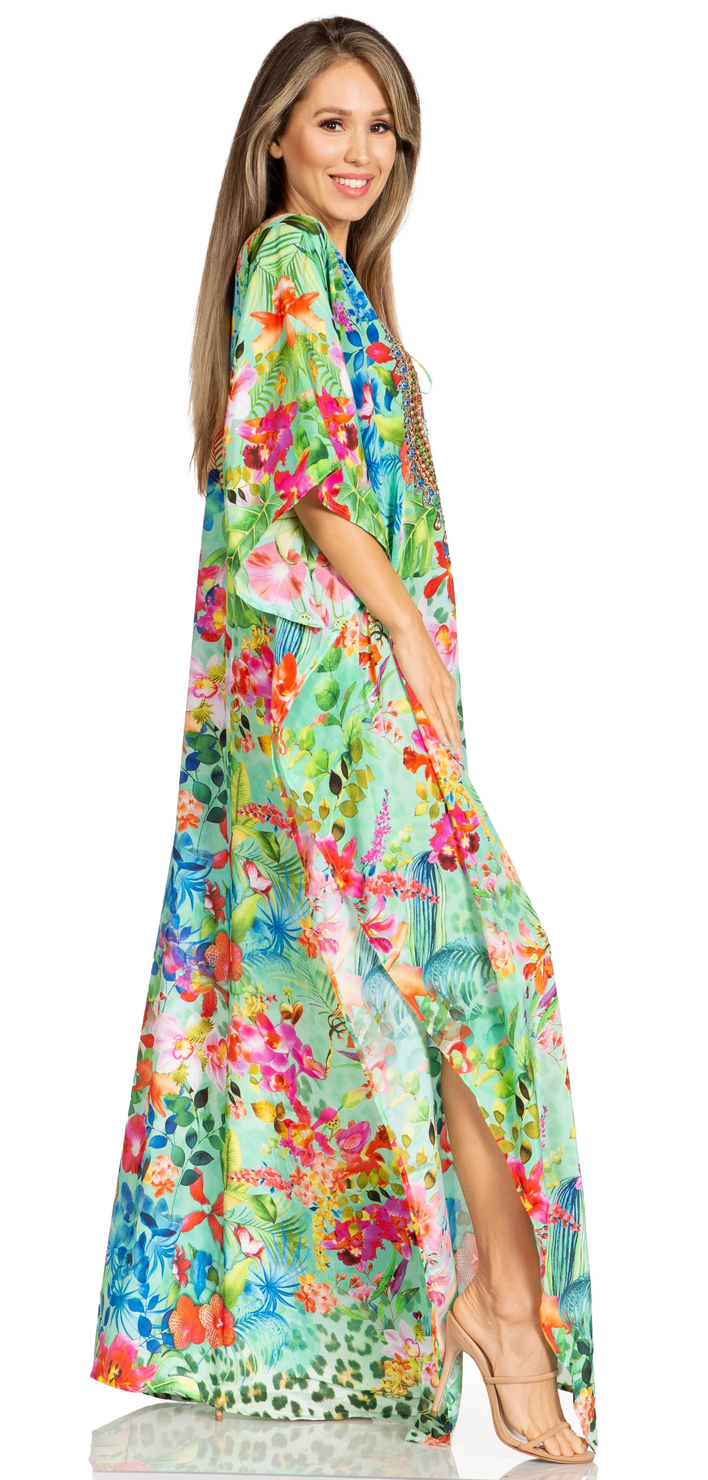 Sakkas Yeni Women's Short Sleeve V-neck Summer Floral Long Caftan Dress Cover-up - Image 233