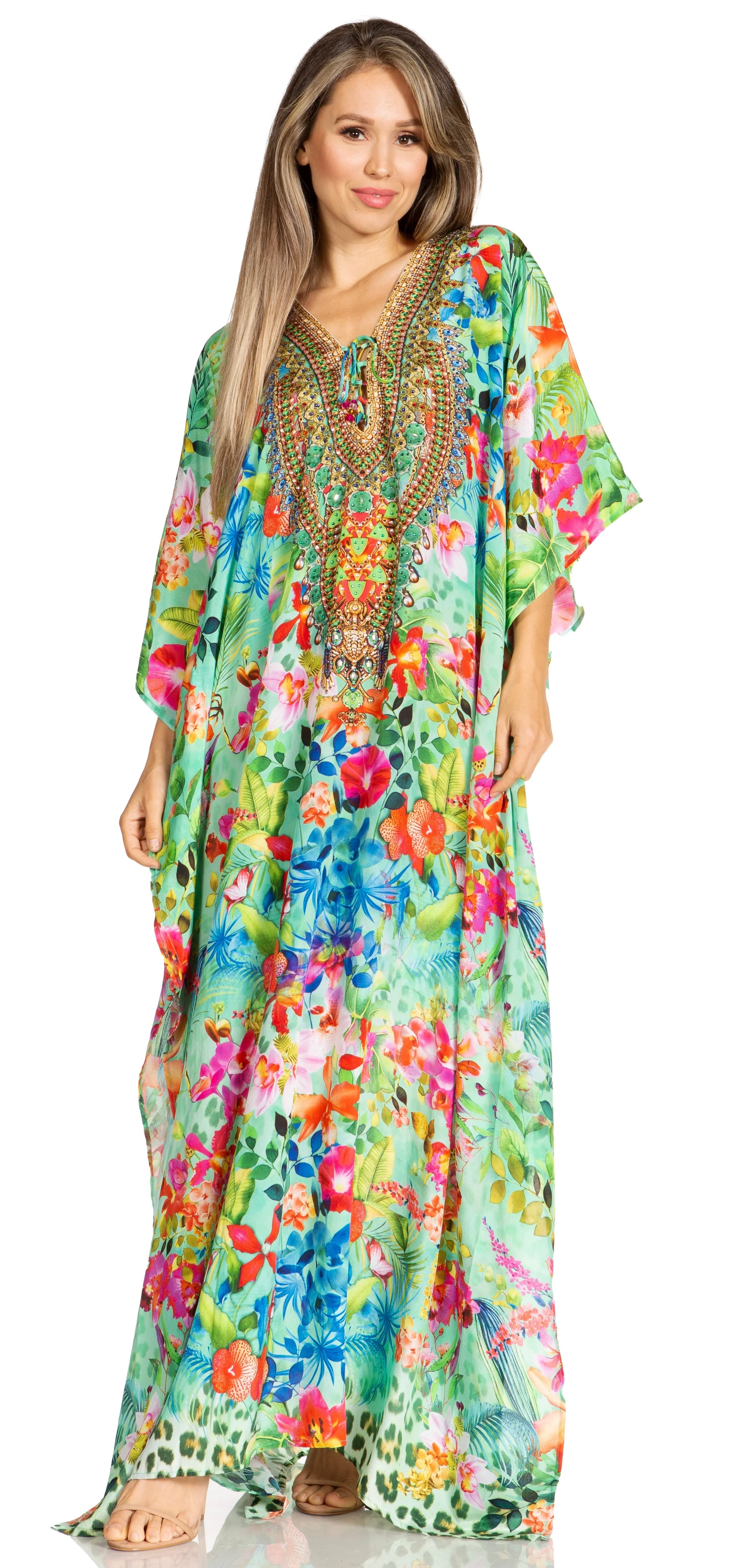 Sakkas Yeni Women's Short Sleeve V-neck Summer Floral Long Caftan Dress Cover-up - Image 234