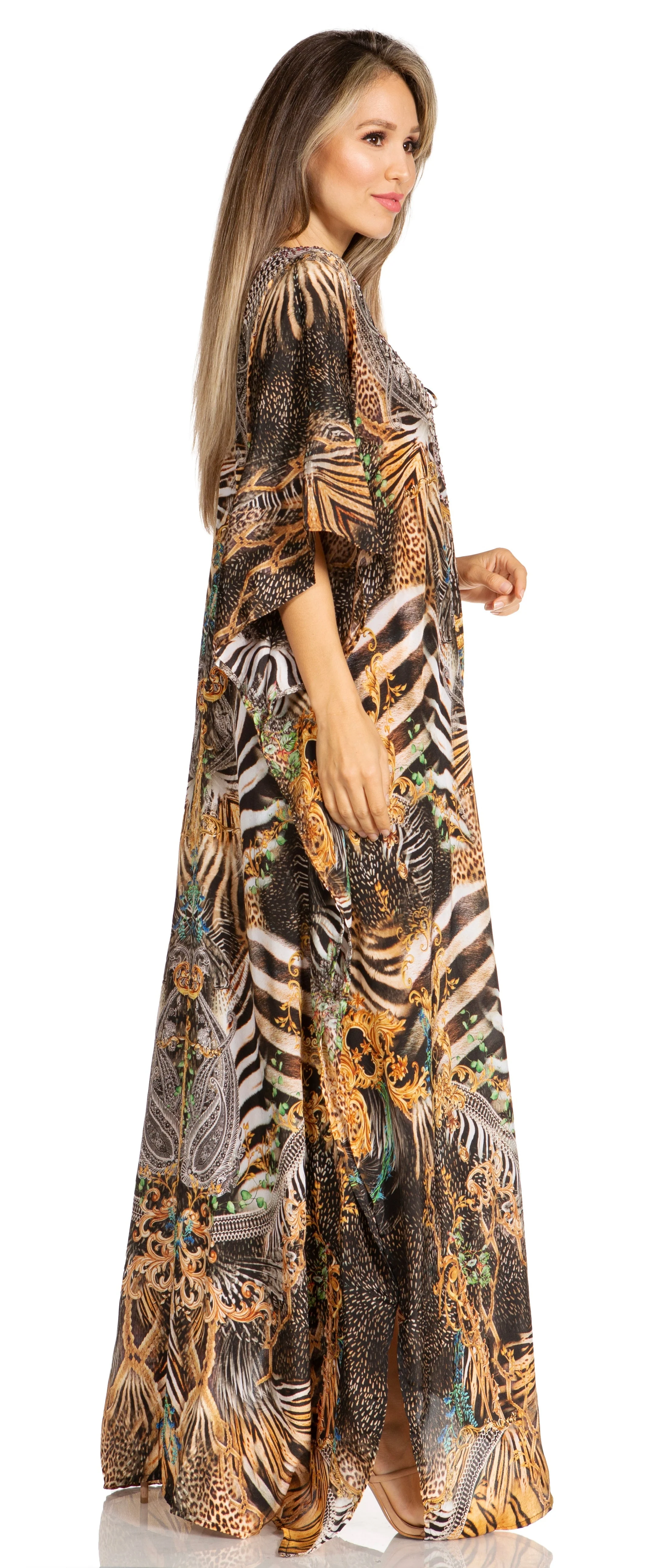 Sakkas Yeni Women's Short Sleeve V-neck Summer Floral Long Caftan Dress Cover-up - Image 237