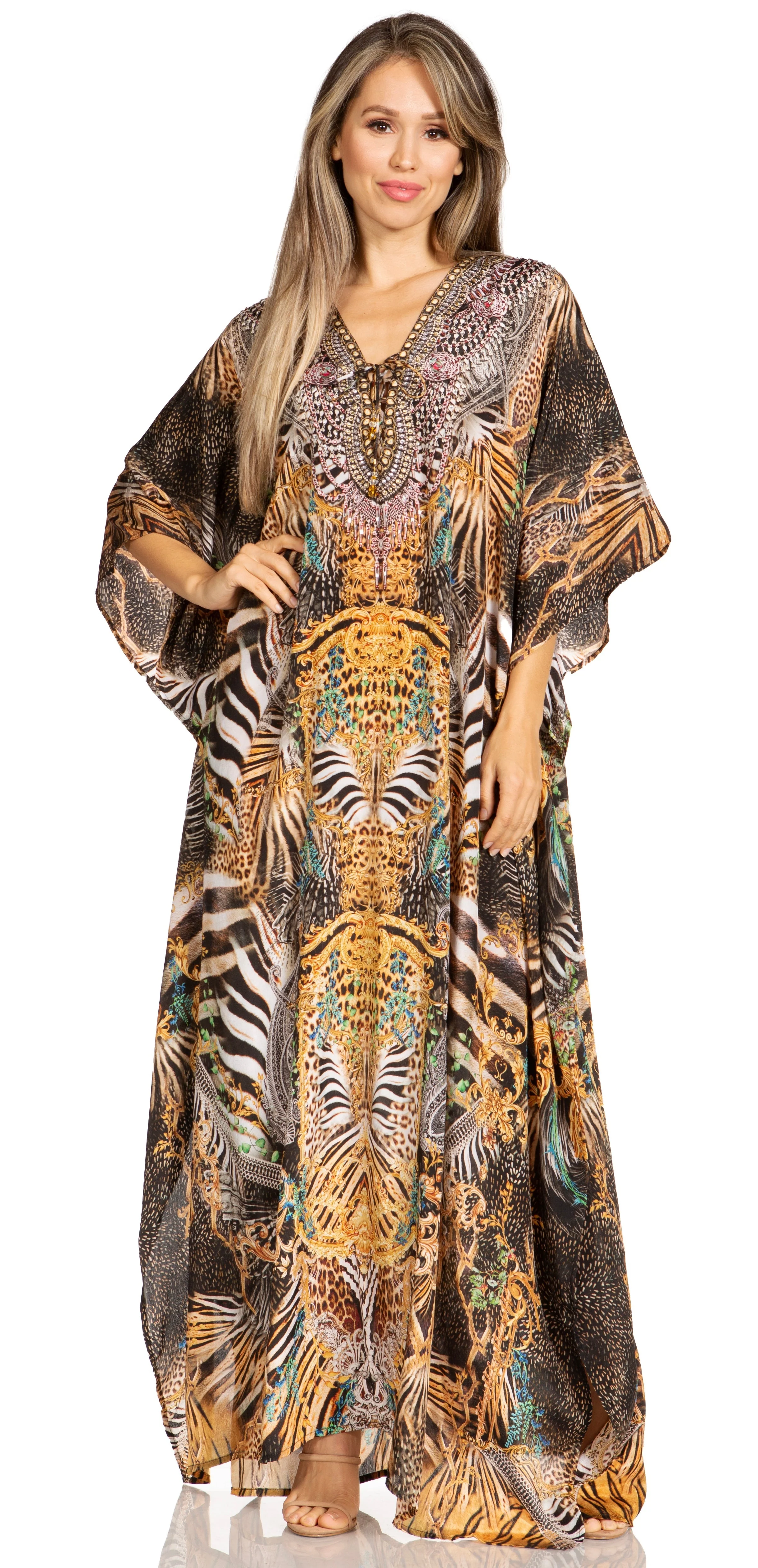 Sakkas Yeni Women's Short Sleeve V-neck Summer Floral Long Caftan Dress Cover-up - Image 239