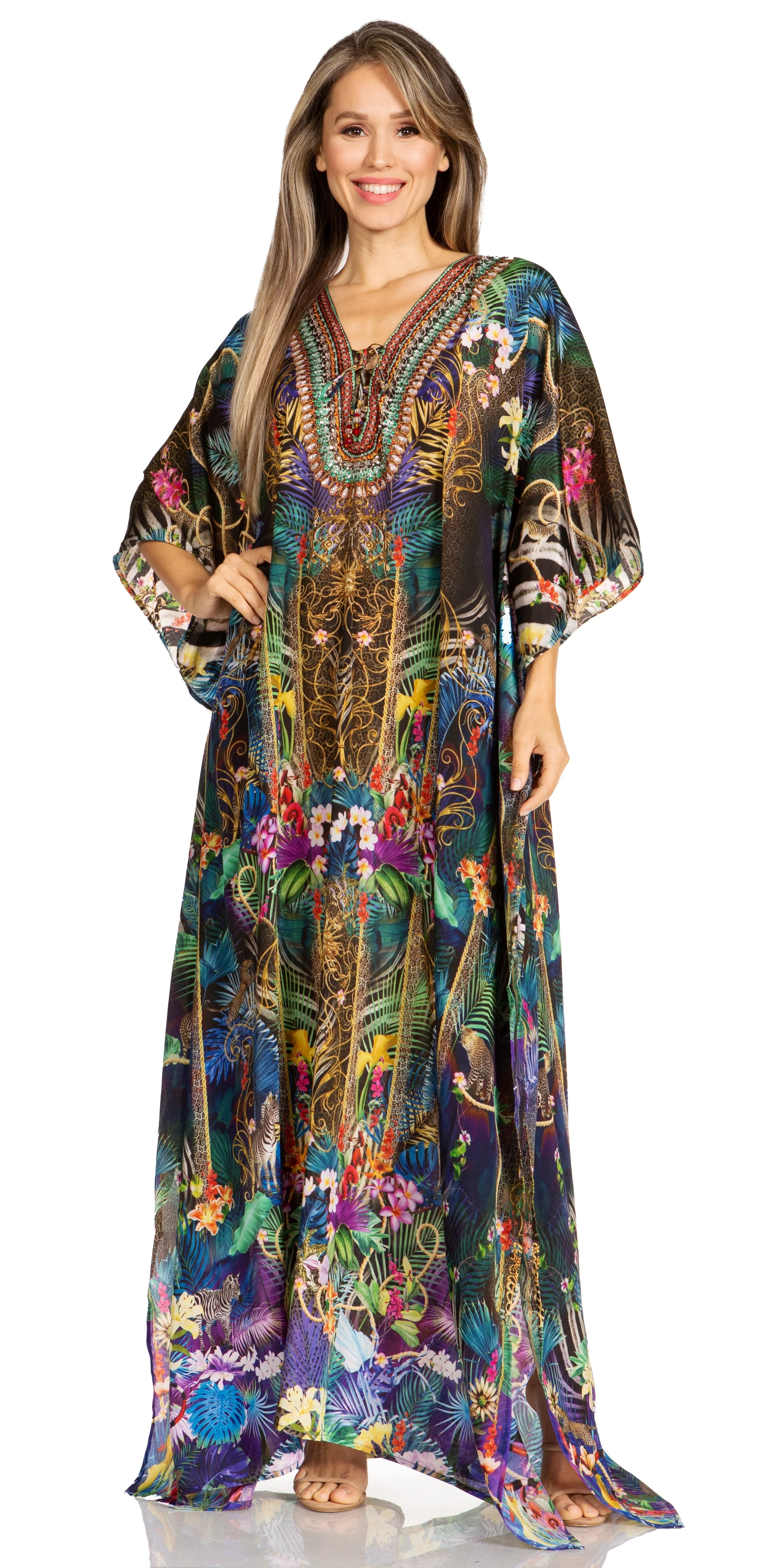 Sakkas Yeni Women's Short Sleeve V-neck Summer Floral Long Caftan Dress Cover-up - Image 240