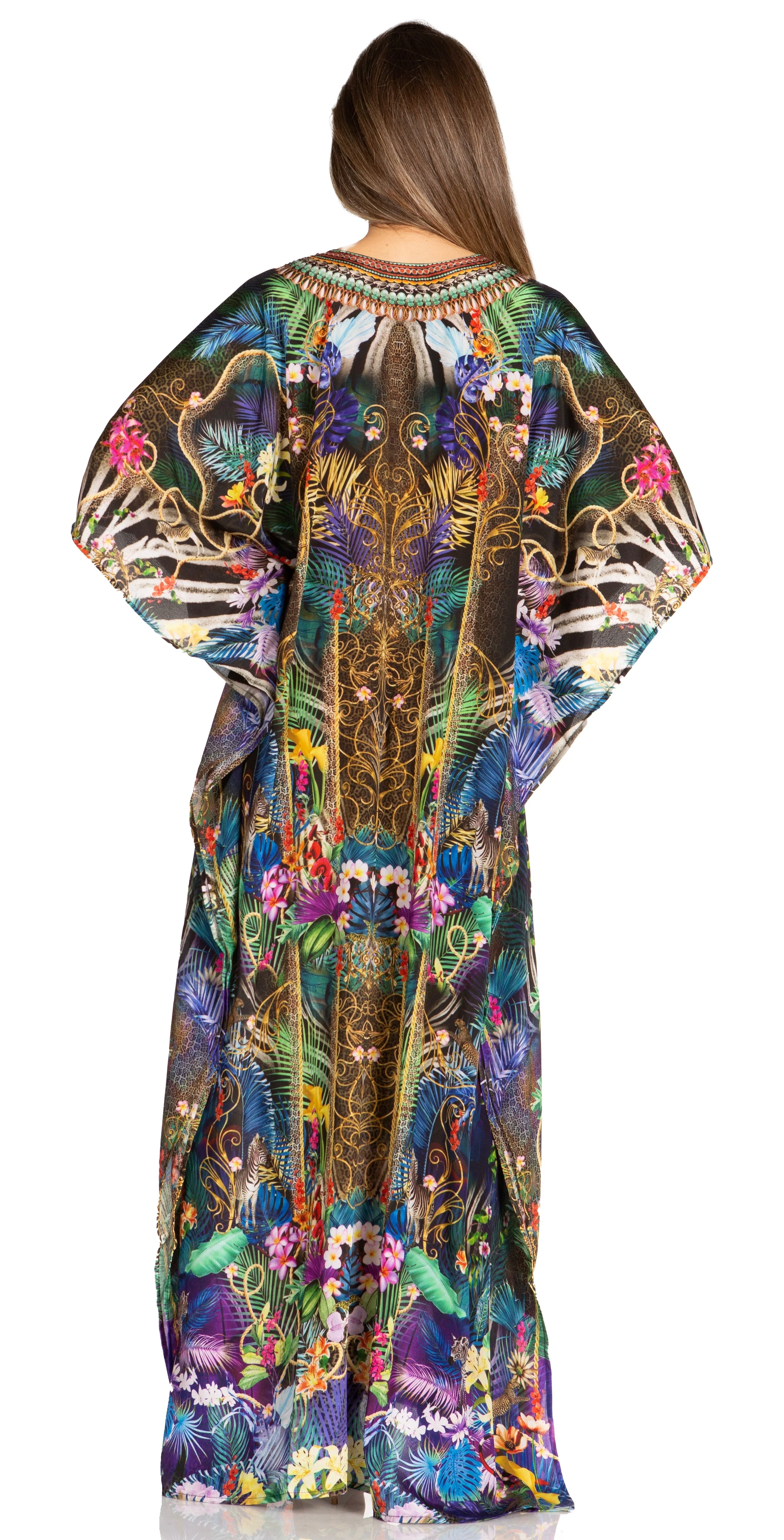 Sakkas Yeni Women's Short Sleeve V-neck Summer Floral Long Caftan Dress Cover-up - Image 241