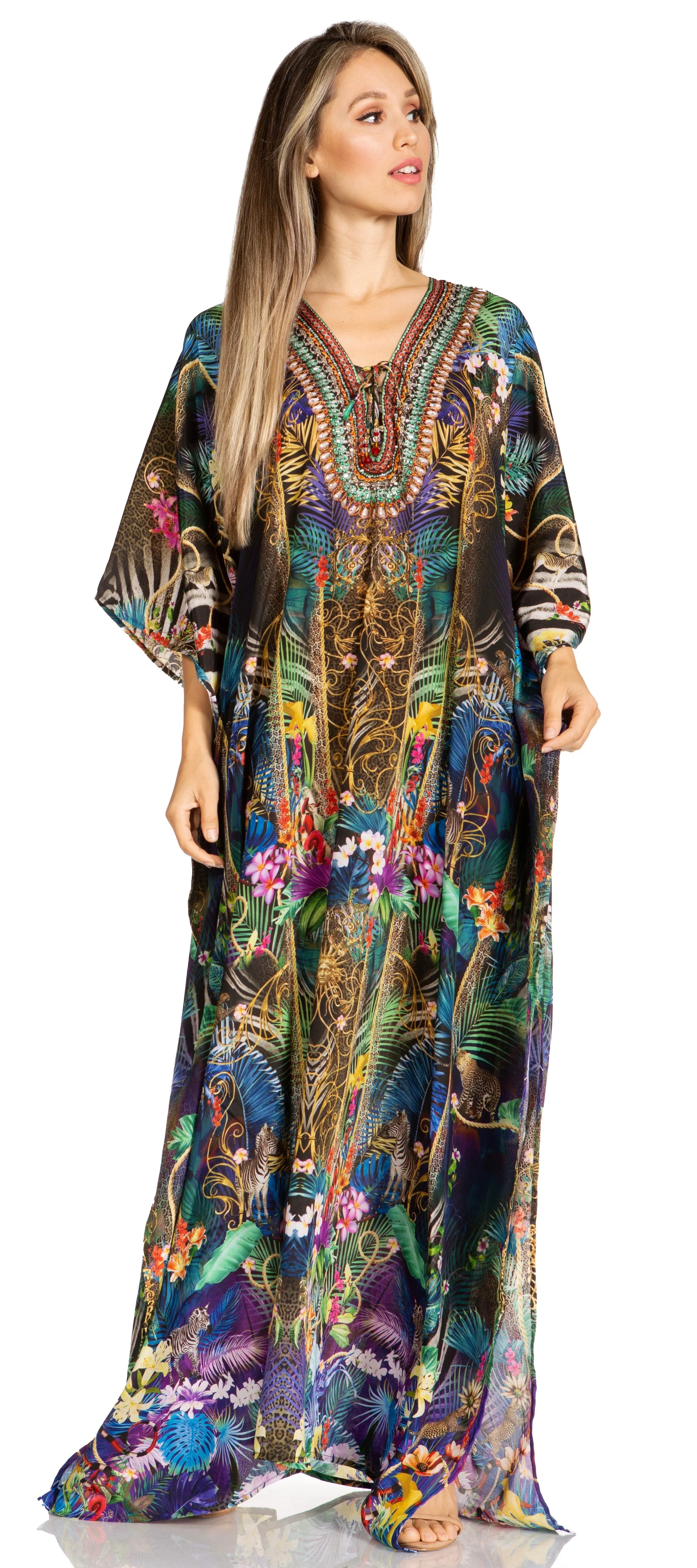 Sakkas Yeni Women's Short Sleeve V-neck Summer Floral Long Caftan Dress Cover-up - Image 244