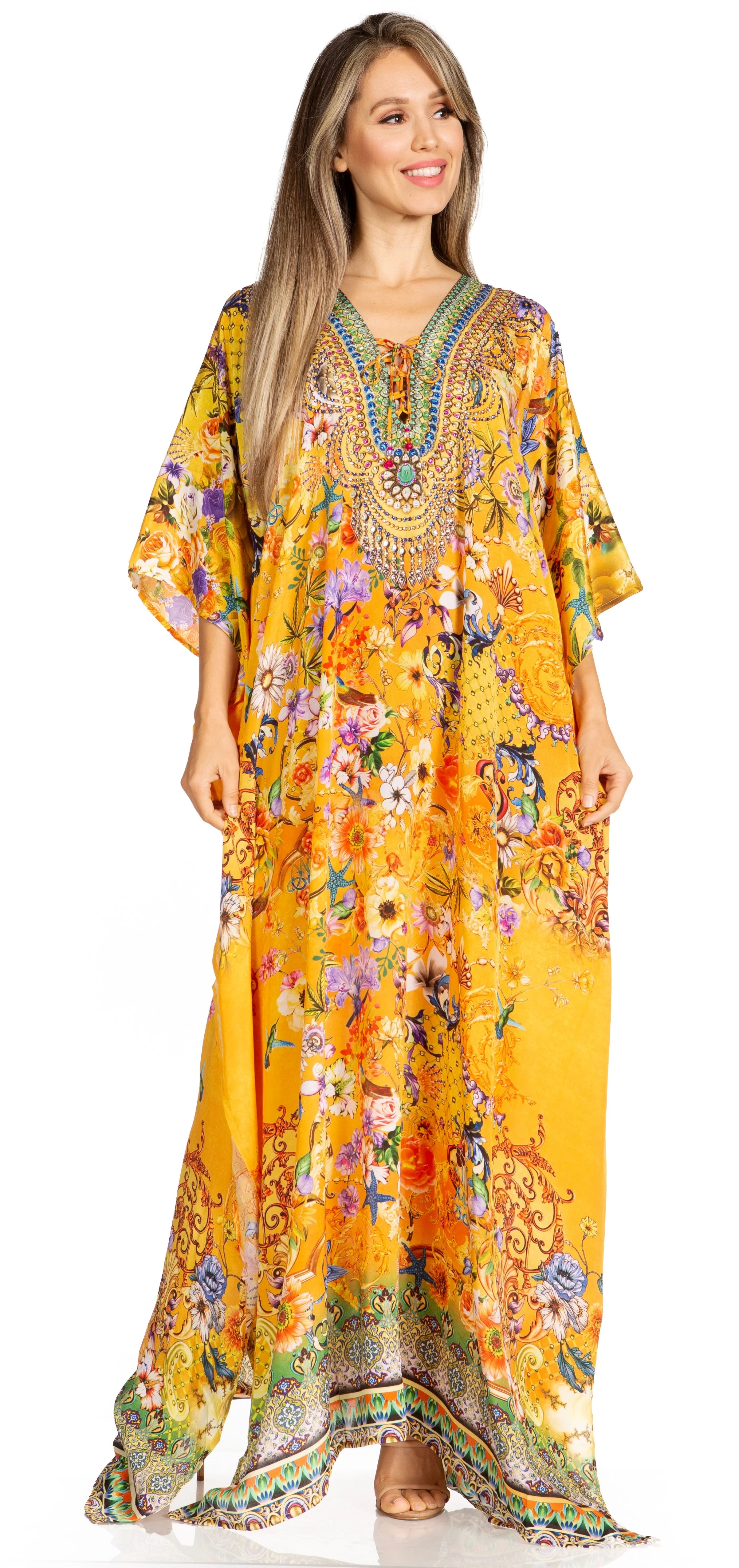 Sakkas Yeni Women's Short Sleeve V-neck Summer Floral Long Caftan Dress Cover-up - Image 245