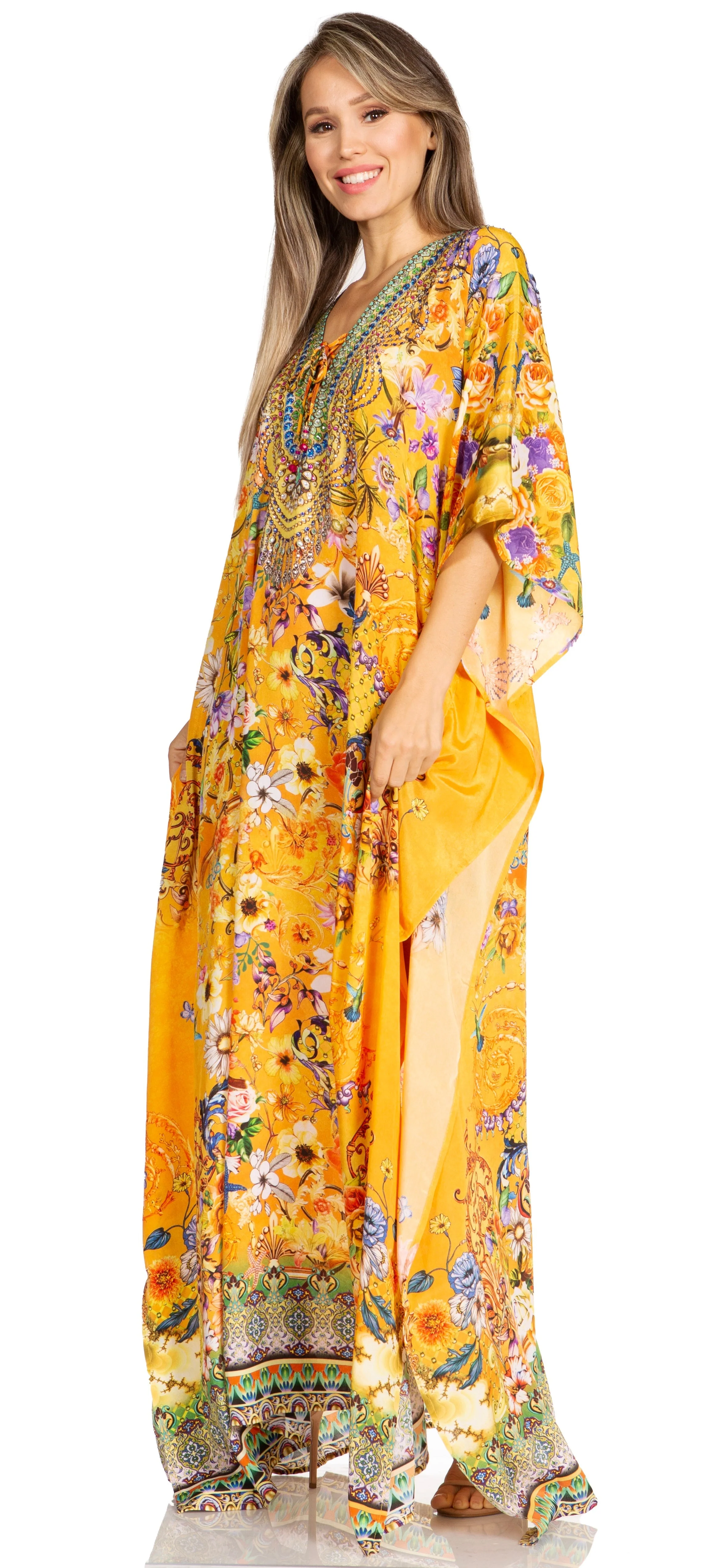 Sakkas Yeni Women's Short Sleeve V-neck Summer Floral Long Caftan Dress Cover-up - Image 247
