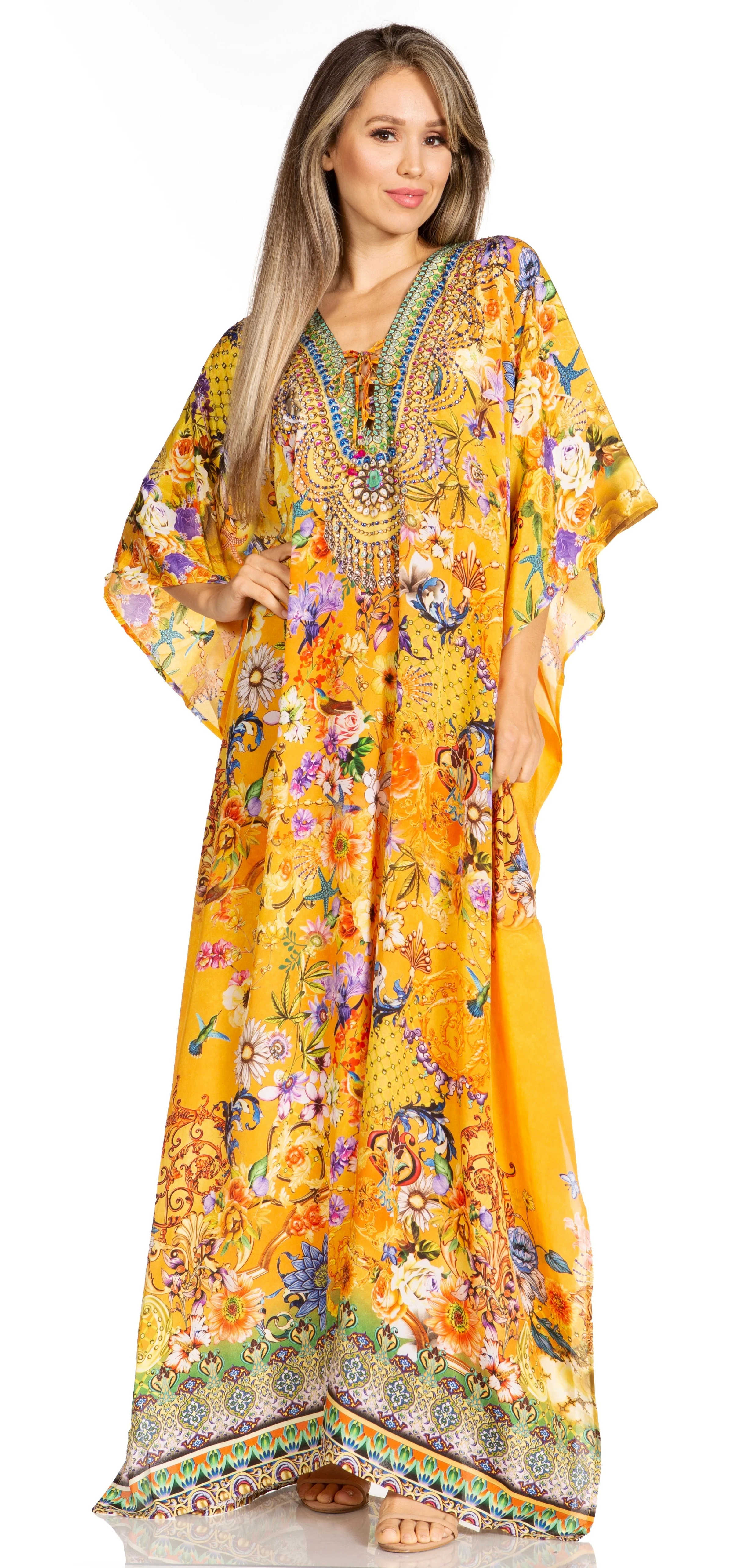 Sakkas Yeni Women's Short Sleeve V-neck Summer Floral Long Caftan Dress Cover-up - Image 249