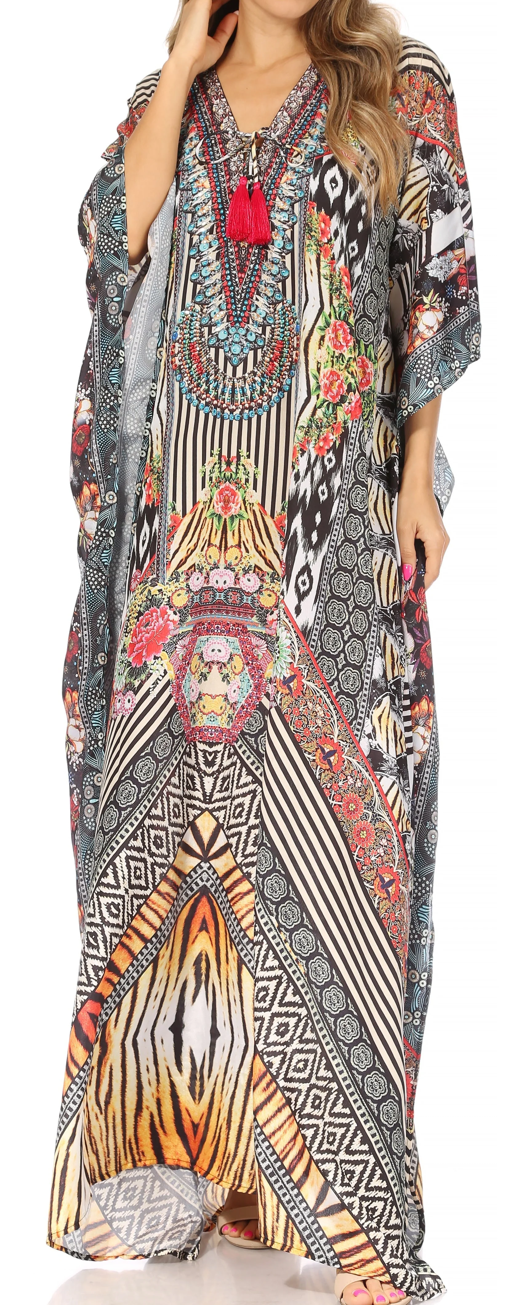 Sakkas Yeni Women's Short Sleeve V-neck Summer Floral Long Caftan Dress Cover-up - Image 25