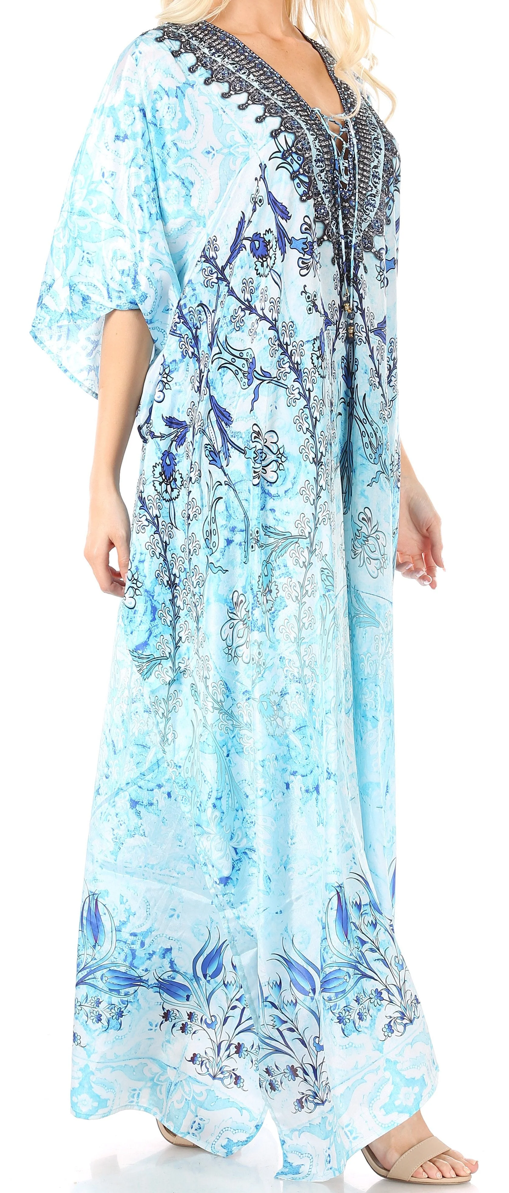 Sakkas Yeni Women's Short Sleeve V-neck Summer Floral Long Caftan Dress Cover-up - Image 33