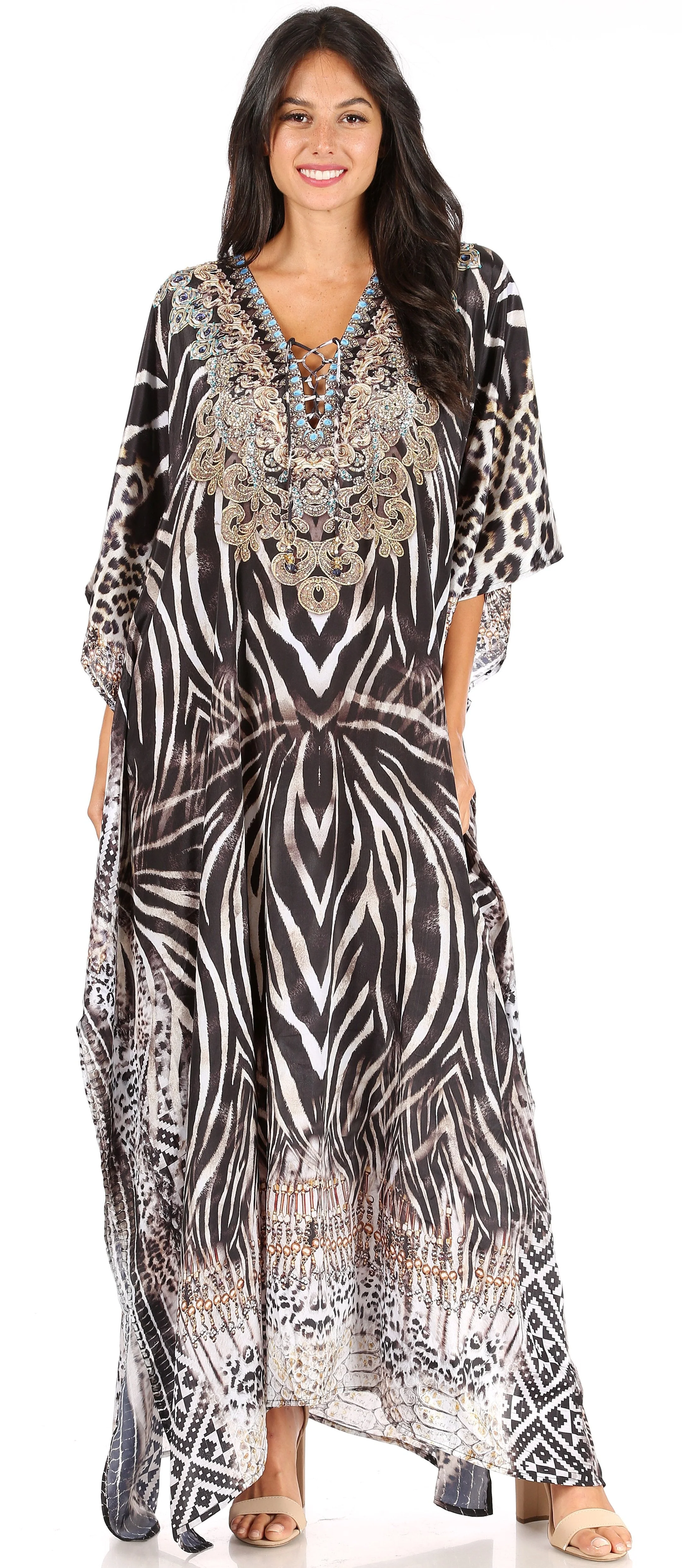 Sakkas Yeni Women's Short Sleeve V-neck Summer Floral Long Caftan Dress Cover-up - Image 39