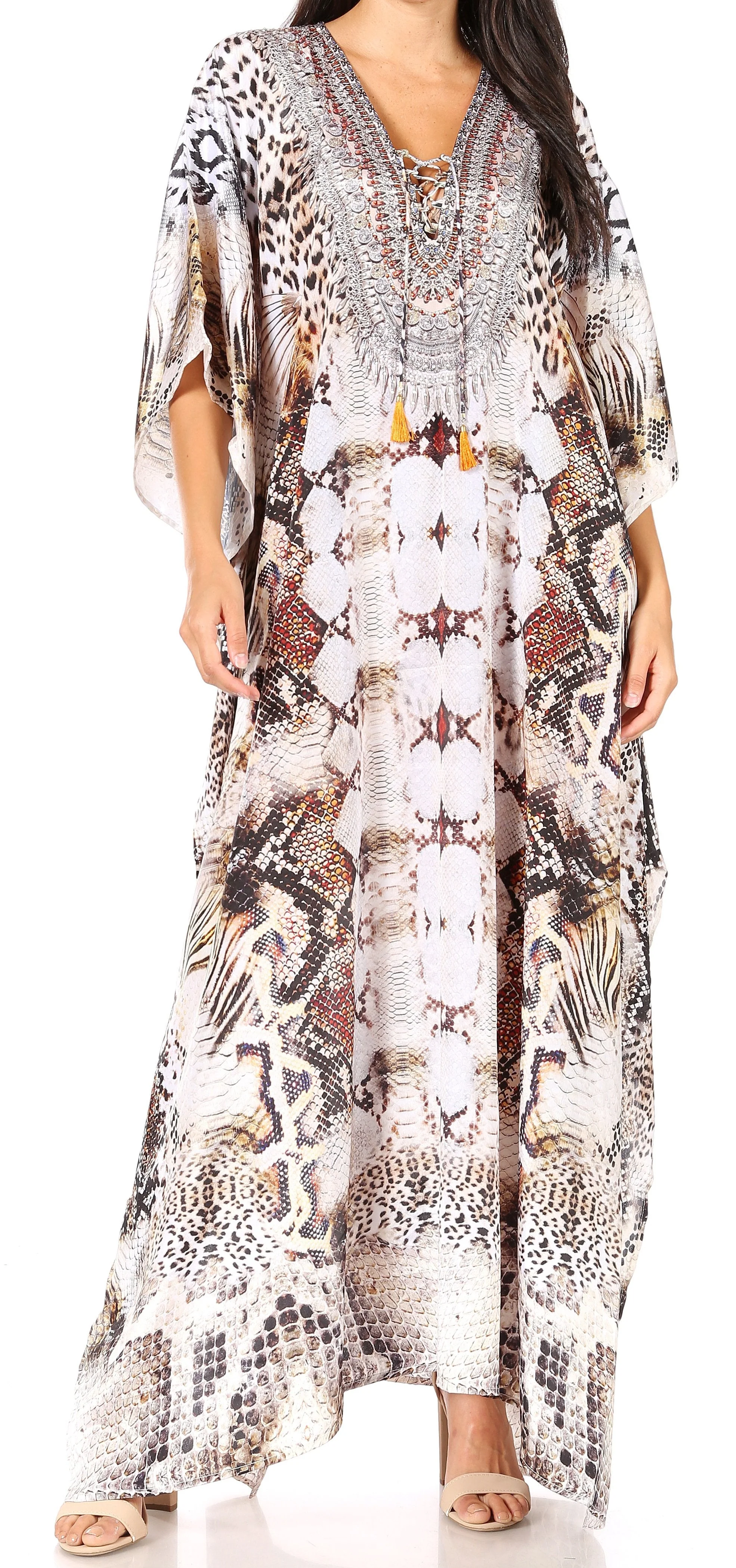 Sakkas Yeni Women's Short Sleeve V-neck Summer Floral Long Caftan Dress Cover-up - Image 40
