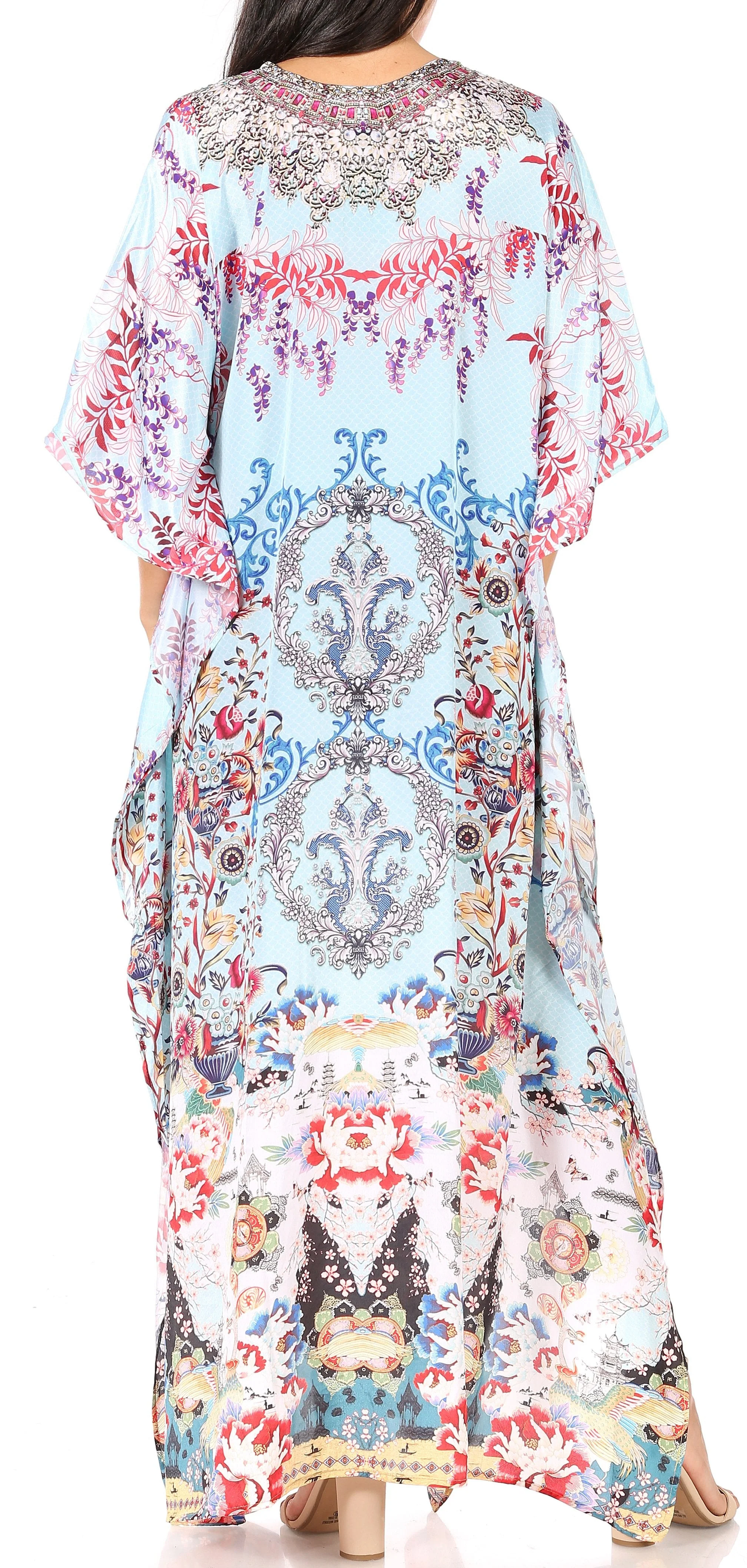 Sakkas Yeni Women's Short Sleeve V-neck Summer Floral Long Caftan Dress Cover-up - Image 46