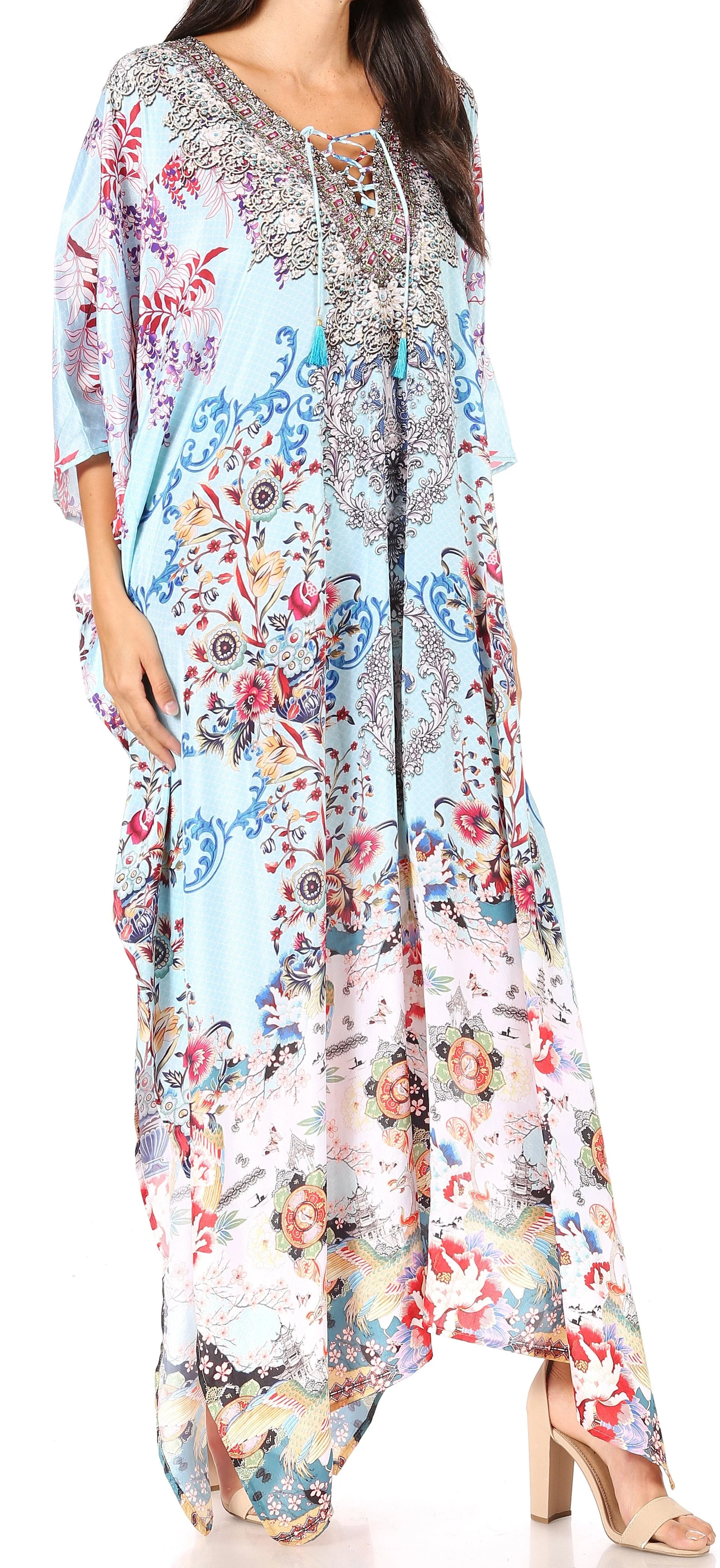 Sakkas Yeni Women's Short Sleeve V-neck Summer Floral Long Caftan Dress Cover-up - Image 47