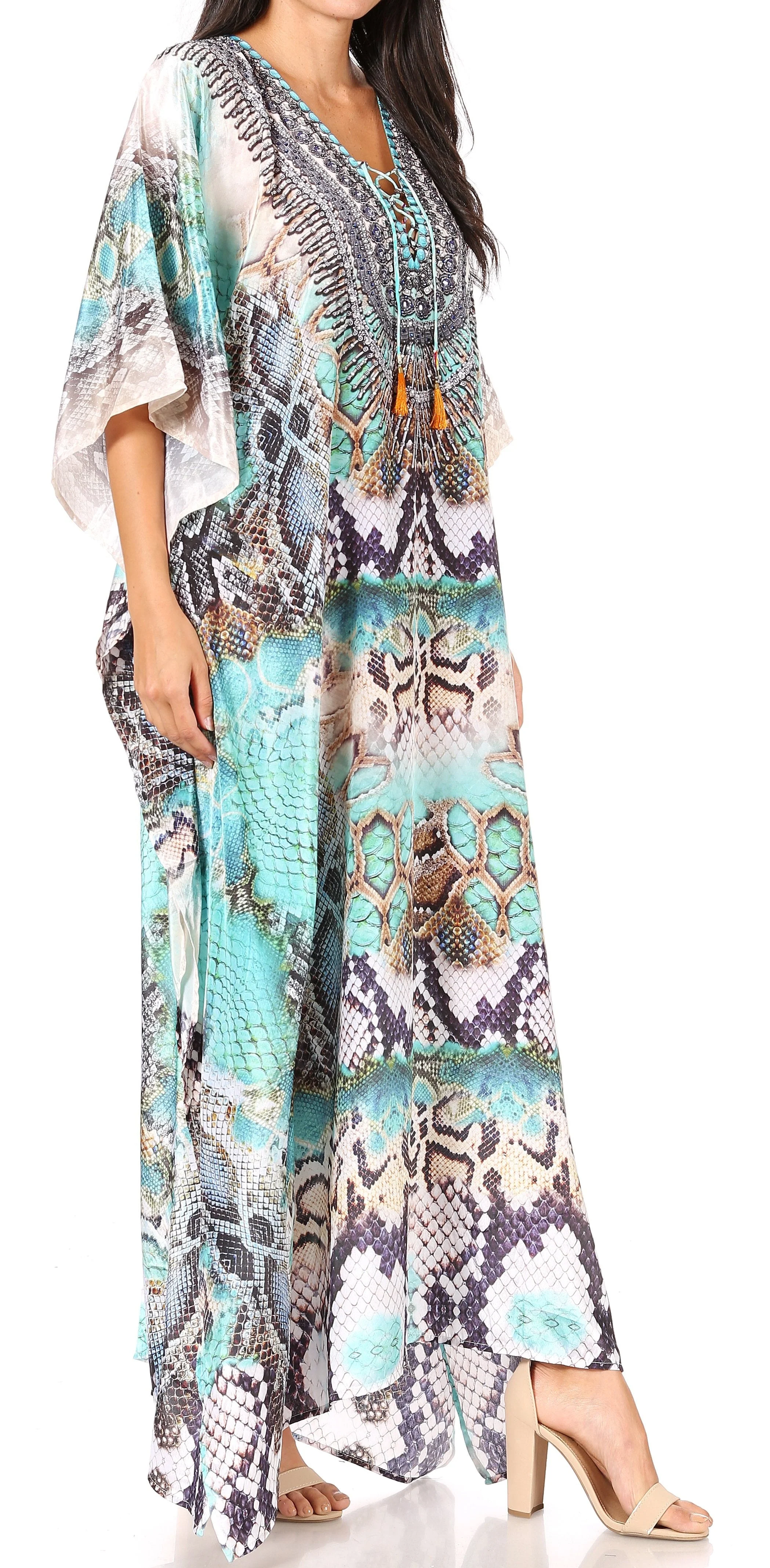 Sakkas Yeni Women's Short Sleeve V-neck Summer Floral Long Caftan Dress Cover-up - Image 52