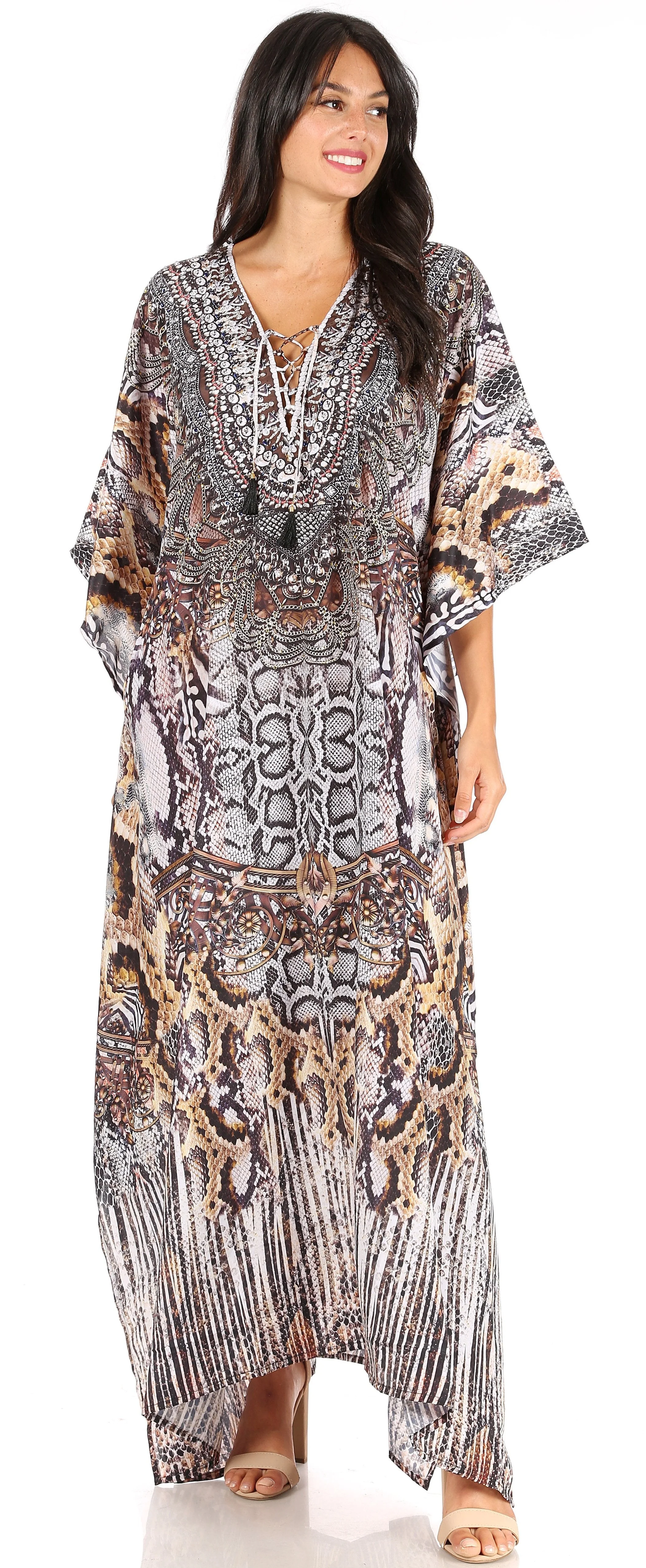 Sakkas Yeni Women's Short Sleeve V-neck Summer Floral Long Caftan Dress Cover-up - Image 59