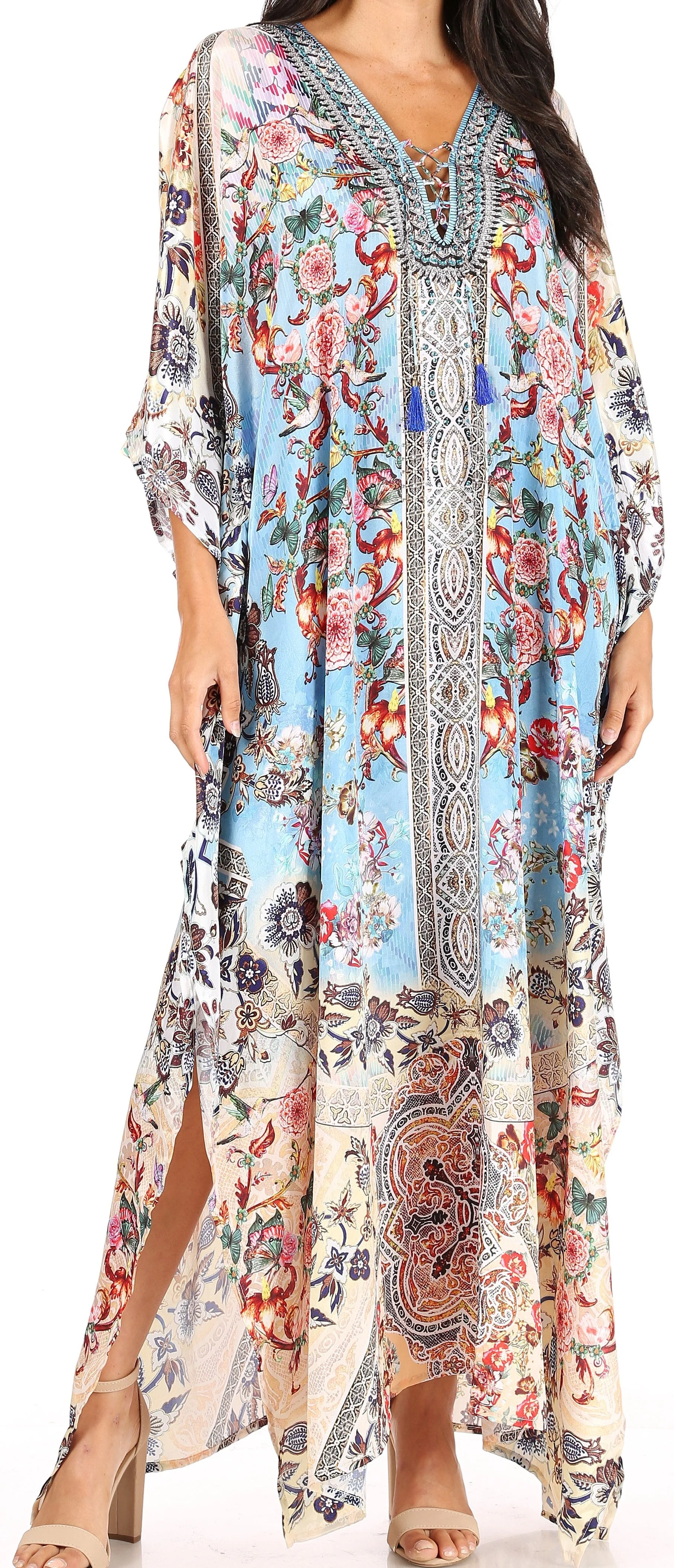 Sakkas Yeni Women's Short Sleeve V-neck Summer Floral Long Caftan Dress Cover-up - Image 6