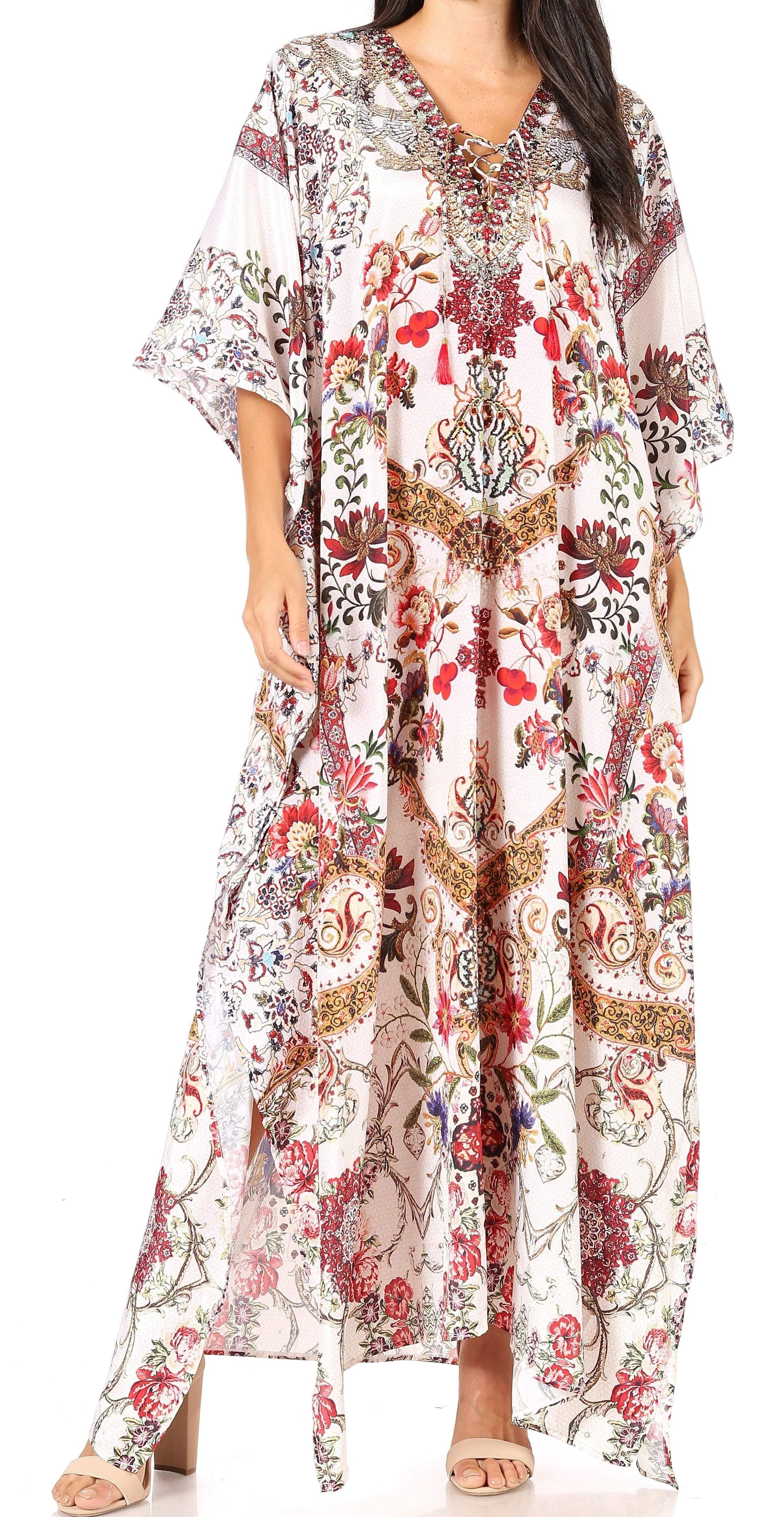 Sakkas Yeni Women's Short Sleeve V-neck Summer Floral Long Caftan Dress Cover-up - Image 60