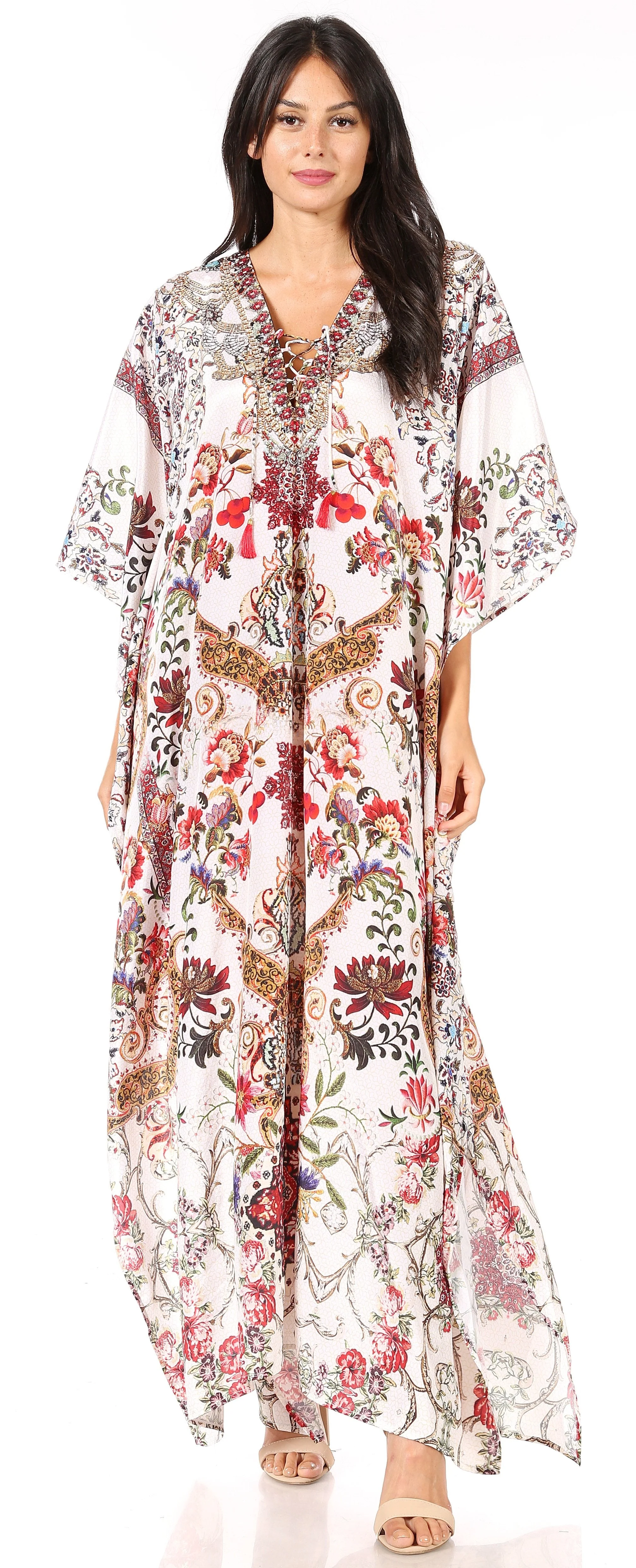 Sakkas Yeni Women's Short Sleeve V-neck Summer Floral Long Caftan Dress Cover-up - Image 64