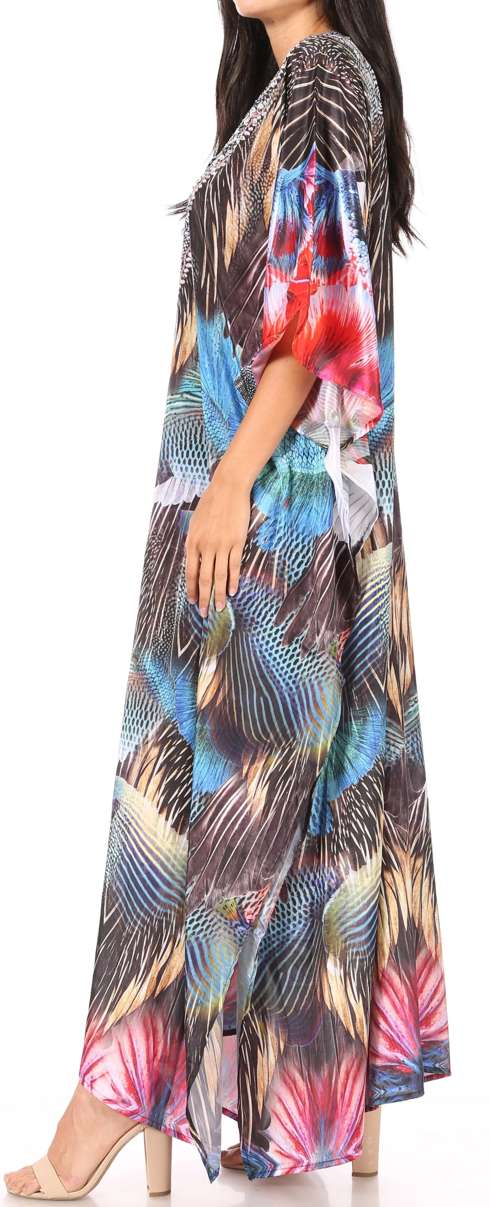 Sakkas Yeni Women's Short Sleeve V-neck Summer Floral Long Caftan Dress Cover-up - Image 68