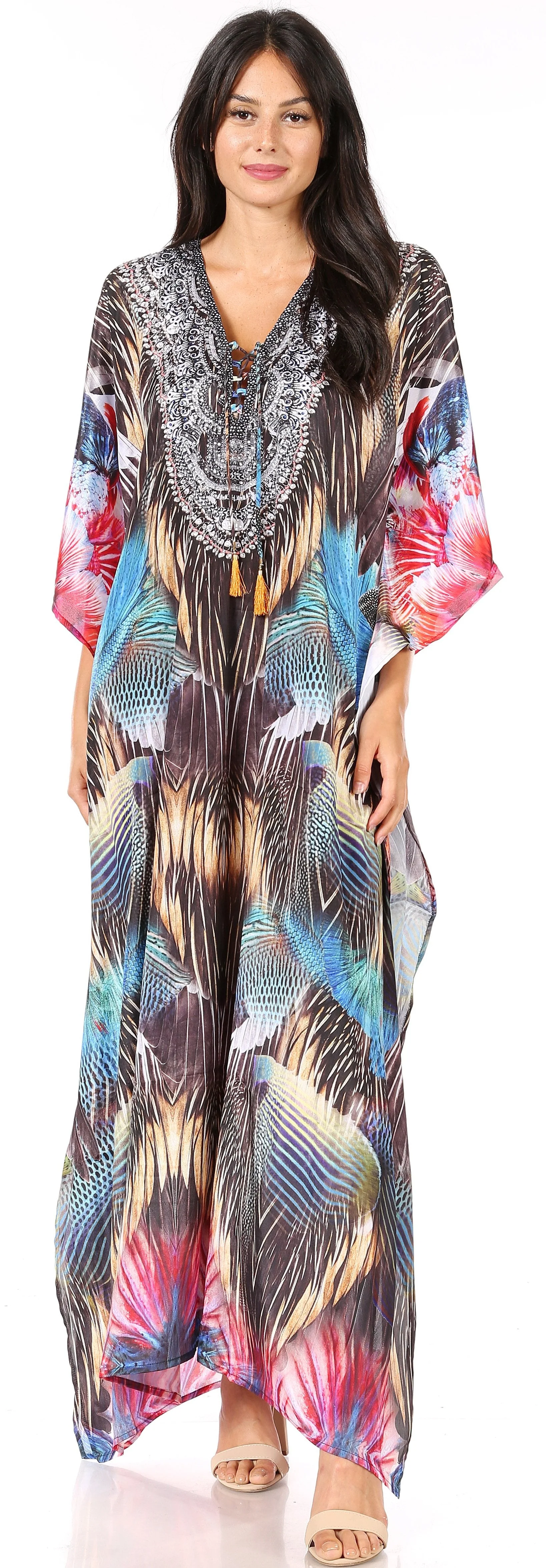 Sakkas Yeni Women's Short Sleeve V-neck Summer Floral Long Caftan Dress Cover-up - Image 69