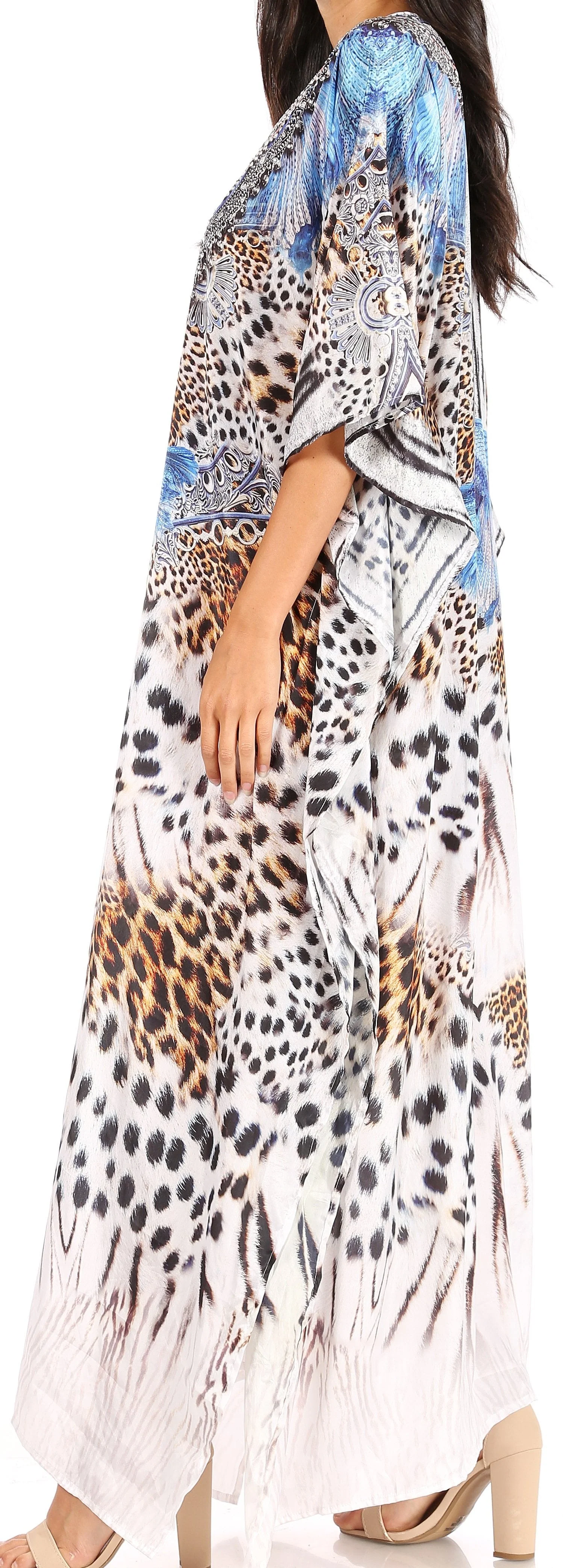 Sakkas Yeni Women's Short Sleeve V-neck Summer Floral Long Caftan Dress Cover-up - Image 73