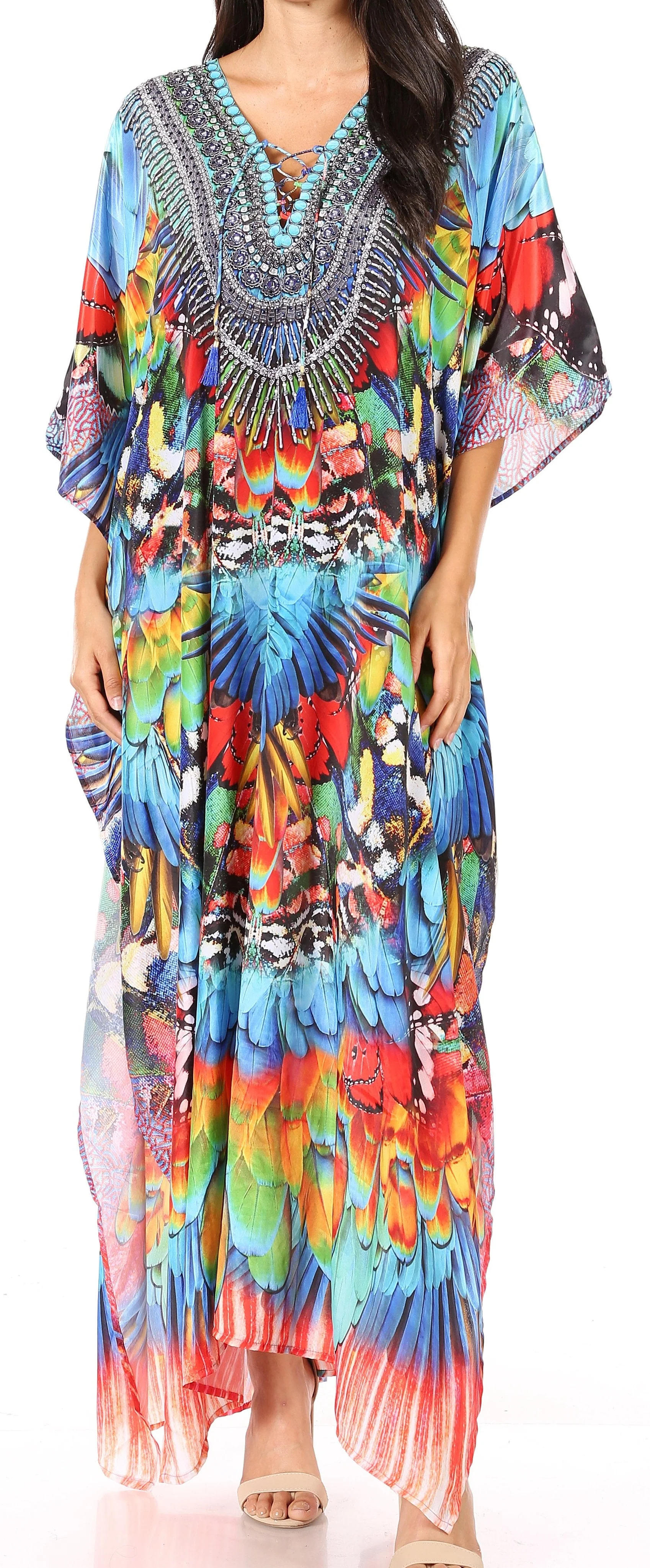 Sakkas Yeni Women's Short Sleeve V-neck Summer Floral Long Caftan Dress Cover-up - Image 75