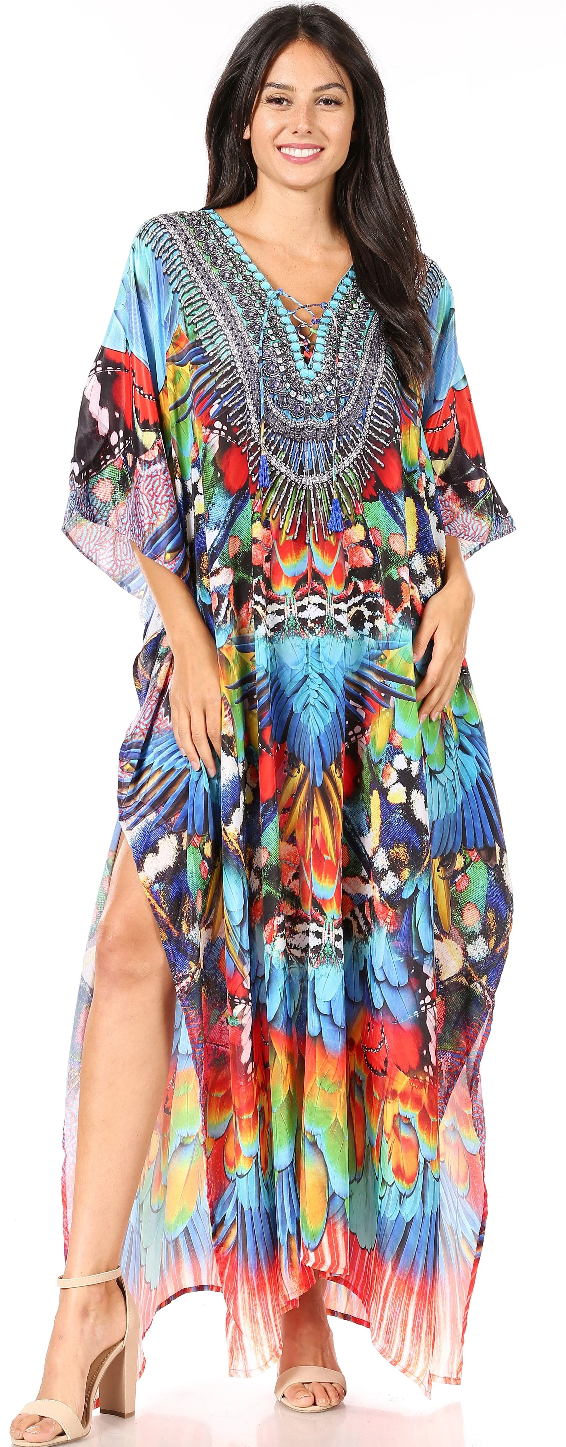 Sakkas Yeni Women's Short Sleeve V-neck Summer Floral Long Caftan Dress Cover-up - Image 79