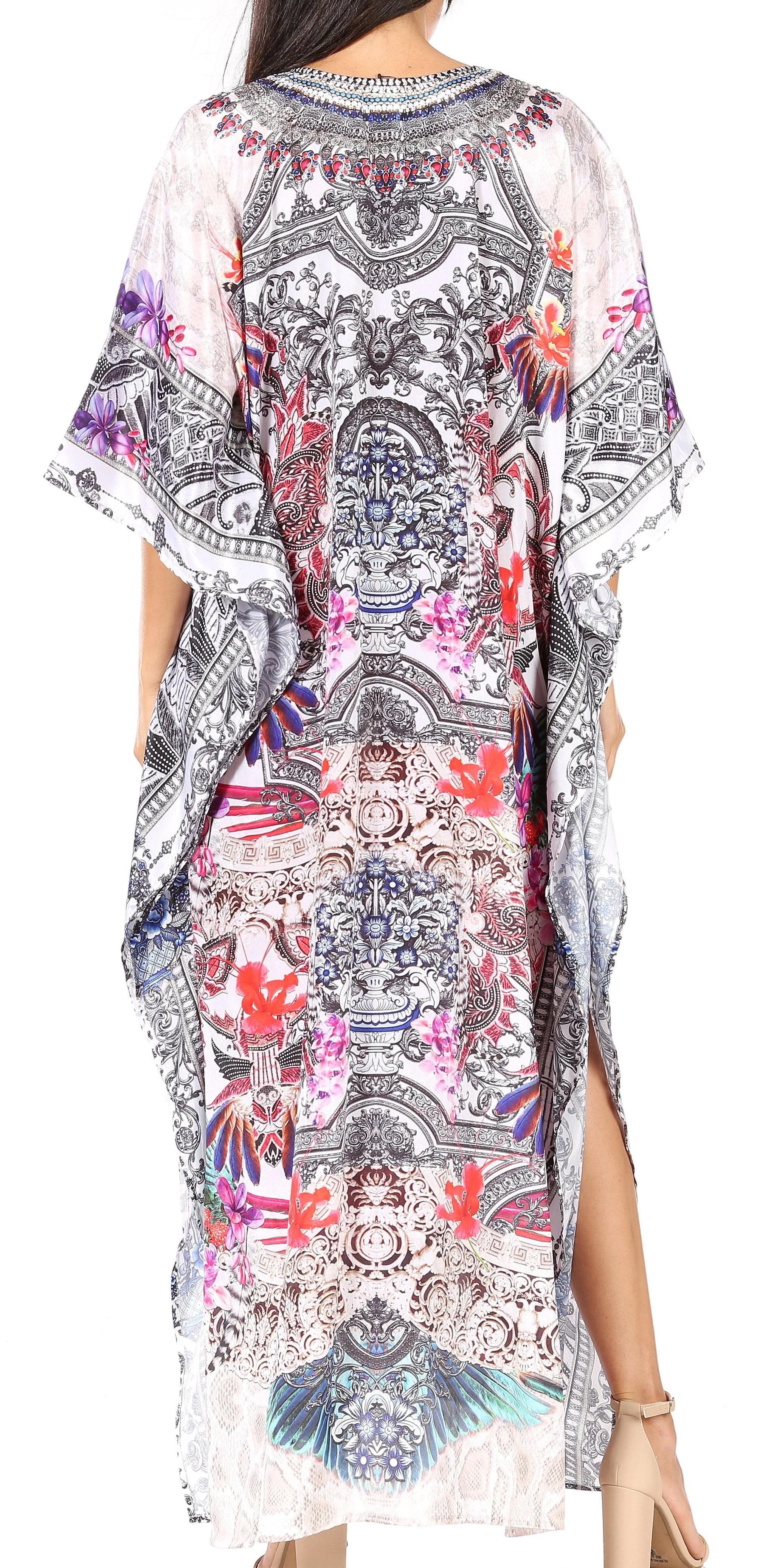 Sakkas Yeni Women's Short Sleeve V-neck Summer Floral Long Caftan Dress Cover-up - Image 81