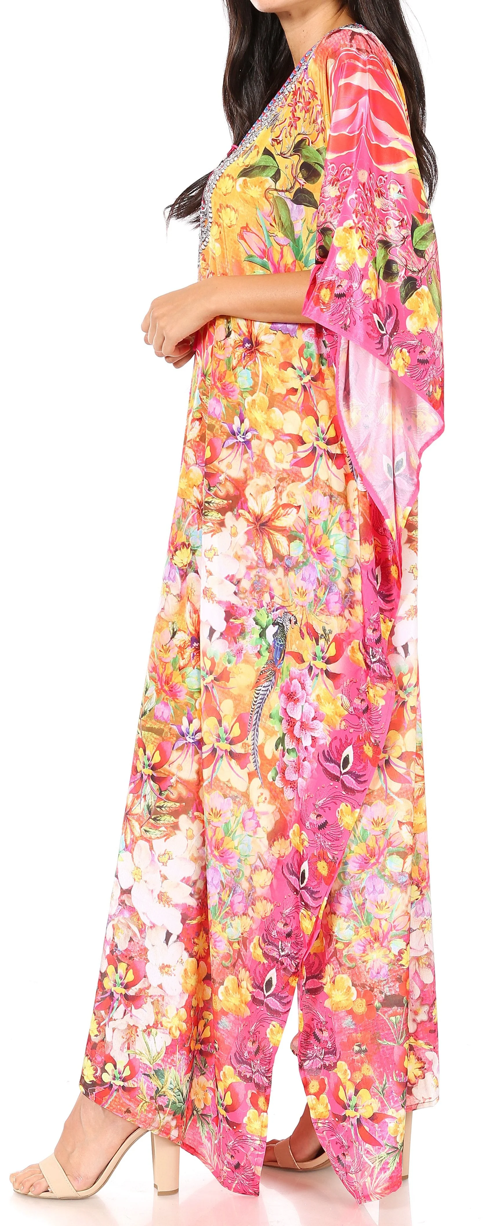 Sakkas Yeni Women's Short Sleeve V-neck Summer Floral Long Caftan Dress Cover-up - Image 88