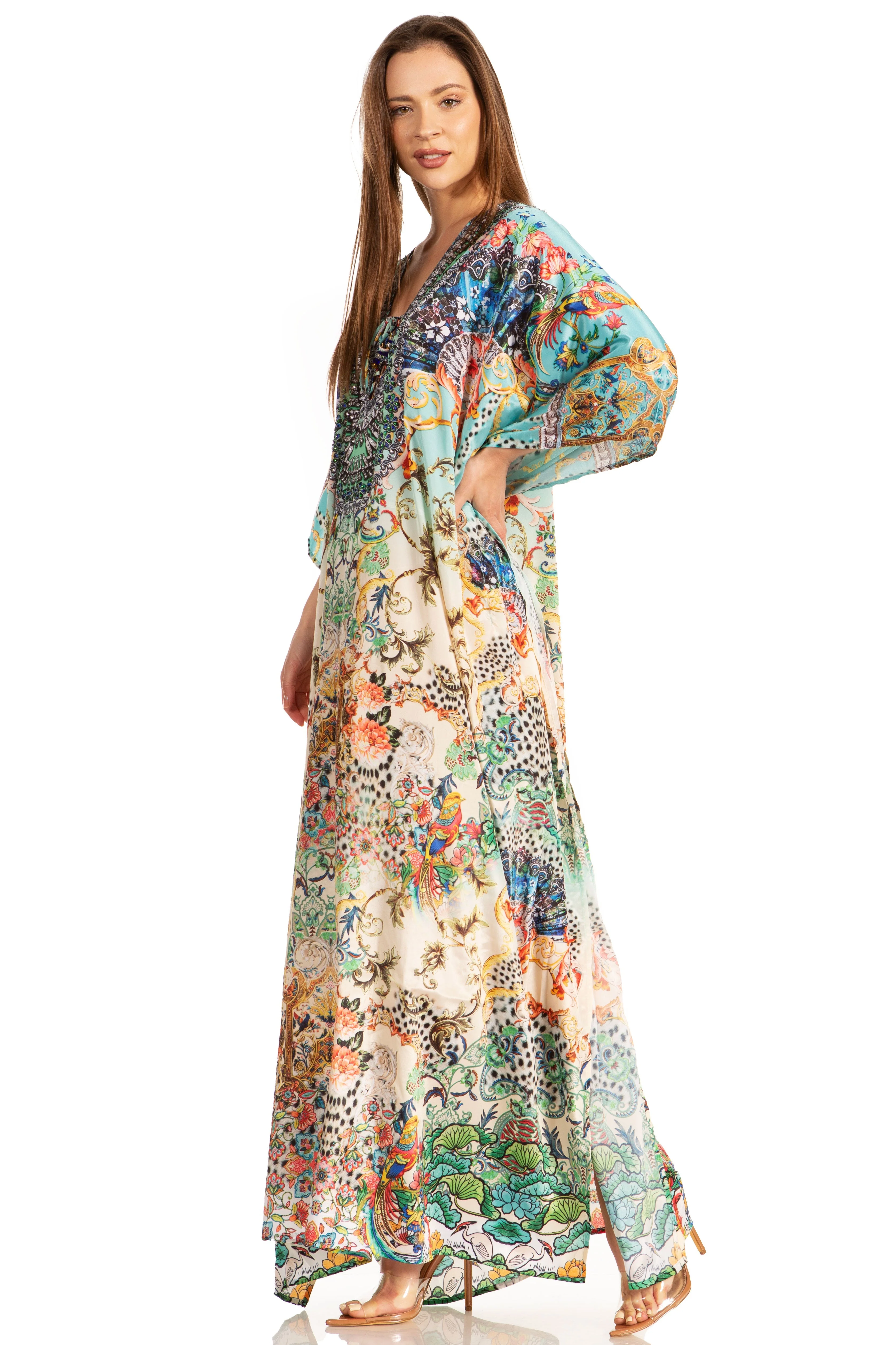 Sakkas Yeni Women's Short Sleeve V-neck Summer Floral Long Caftan Dress Cover-up - Image 93