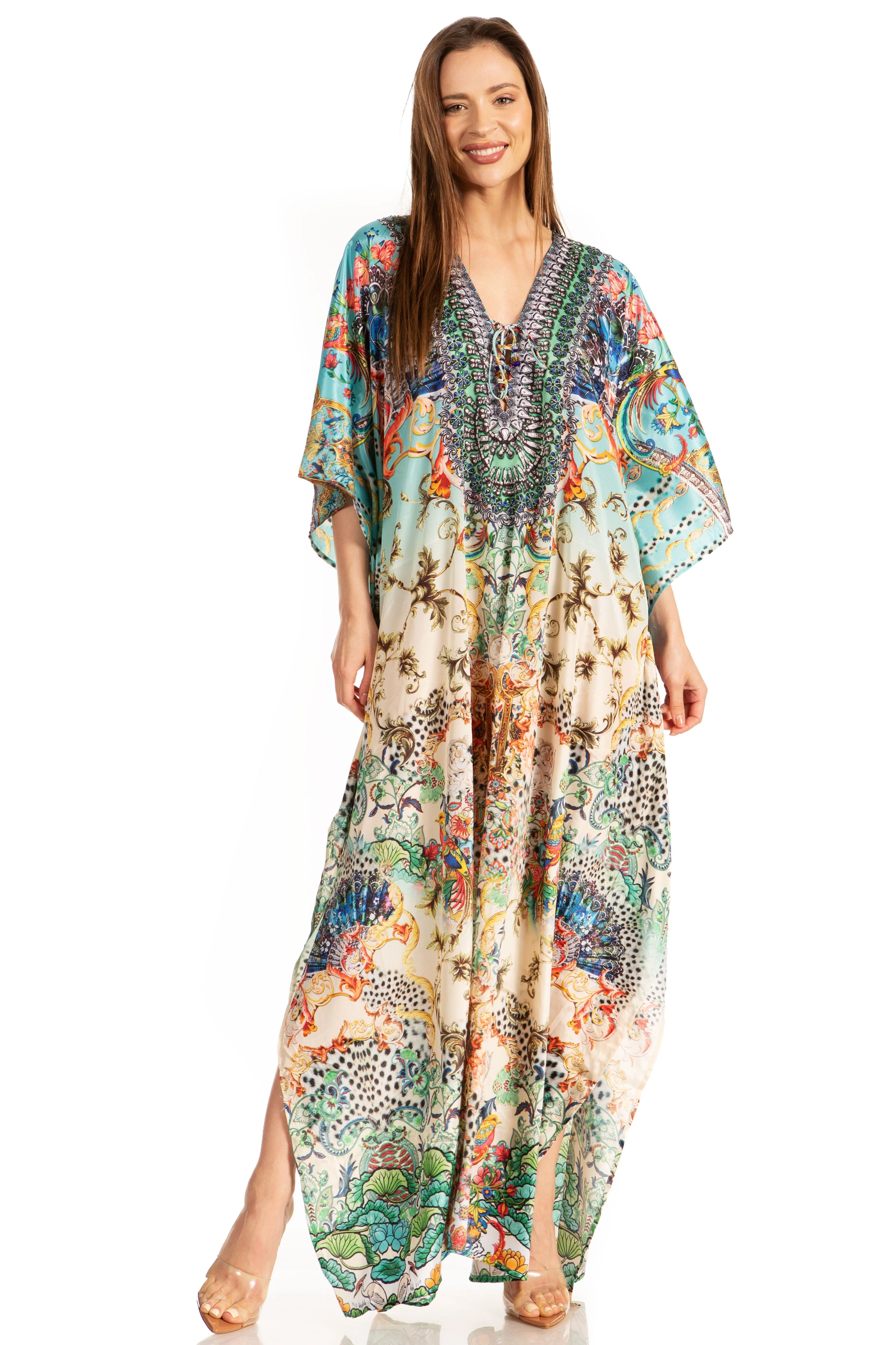 Sakkas Yeni Women's Short Sleeve V-neck Summer Floral Long Caftan Dress Cover-up - Image 94