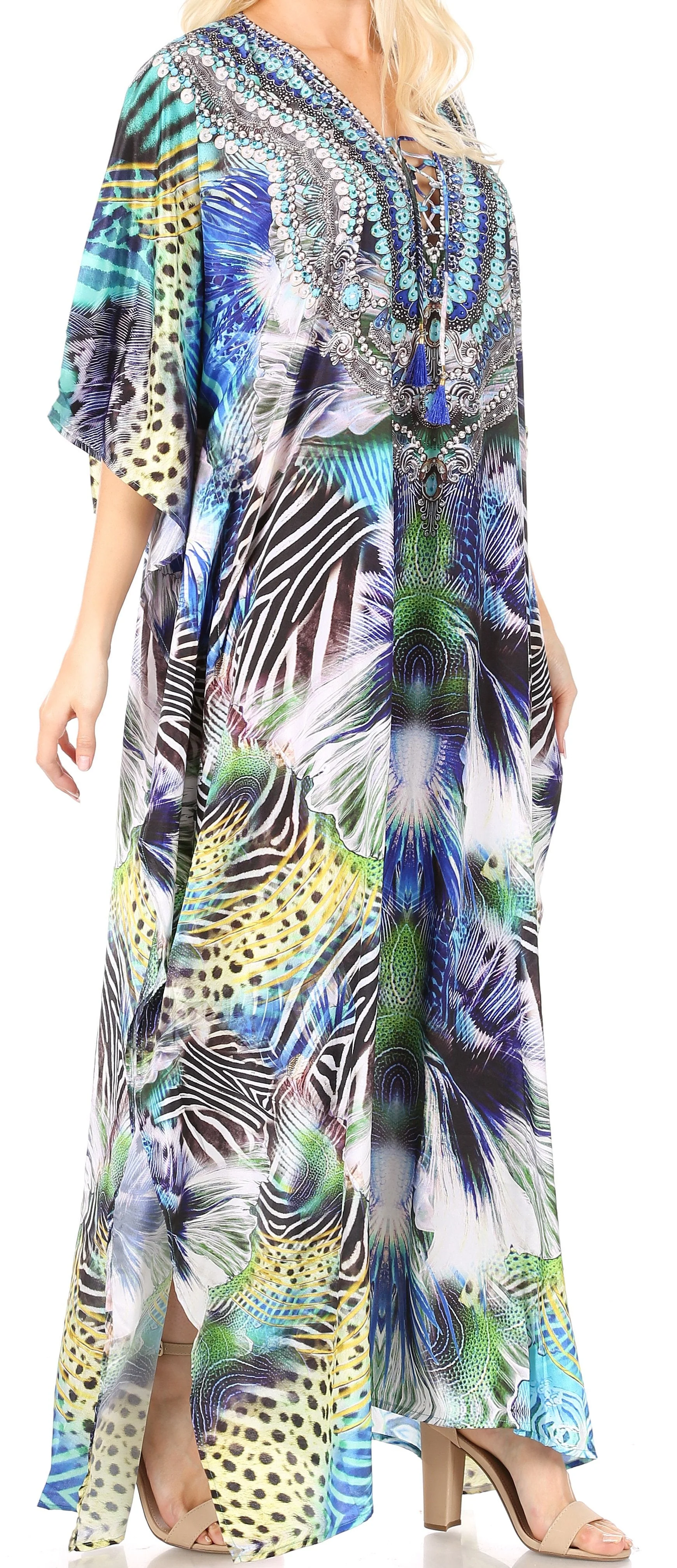 Sakkas Yeni Women's Short Sleeve V-neck Summer Floral Long Caftan Dress Cover-up - Image 98