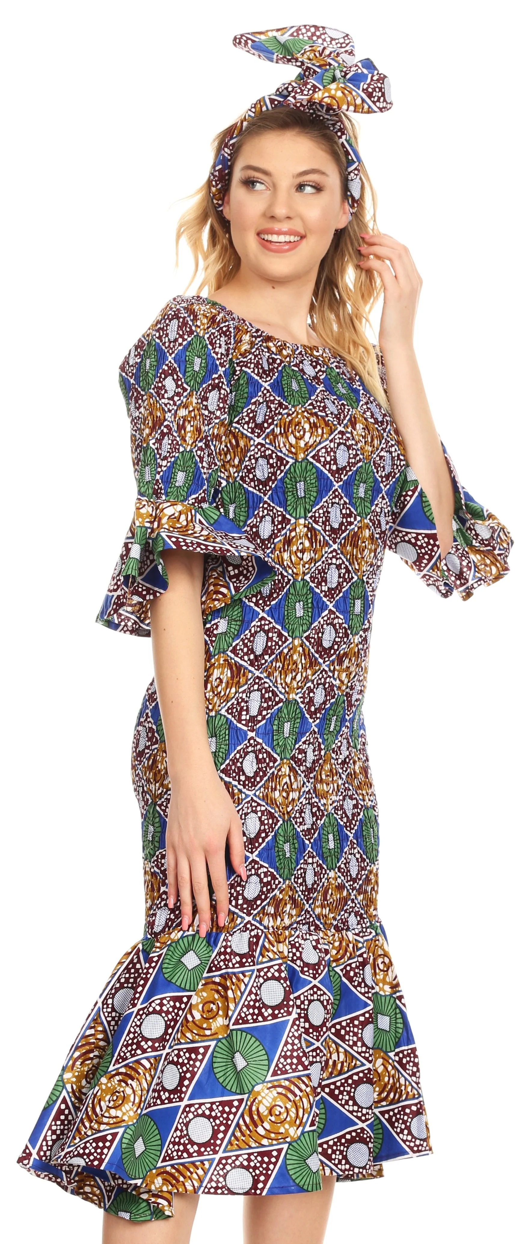 Sakkas Zarah Women's African Ankara Body-con Off shoulder Mermaid Pocket Dress - Image 22