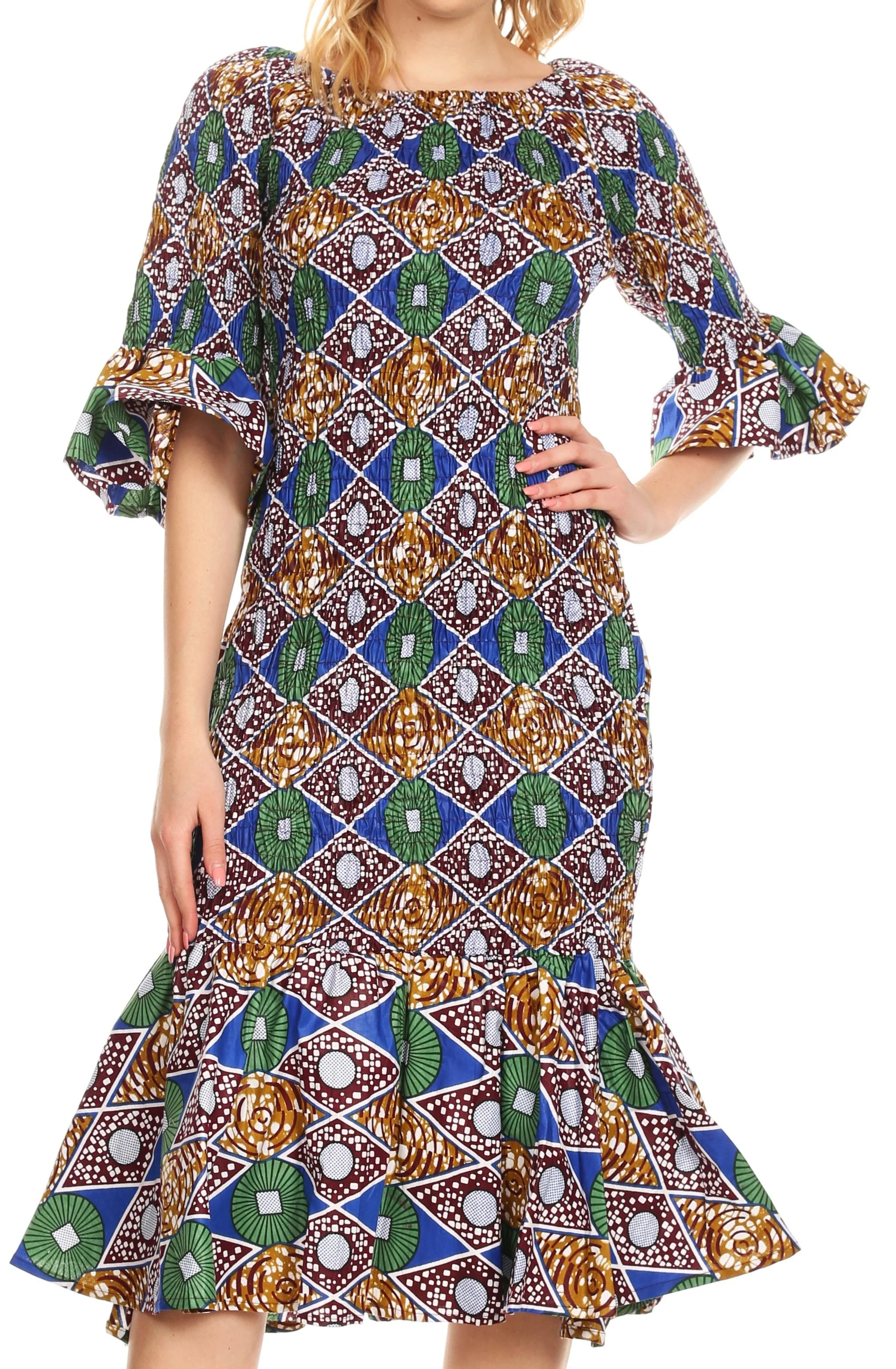 Sakkas Zarah Women's African Ankara Body-con Off shoulder Mermaid Pocket Dress - Image 25