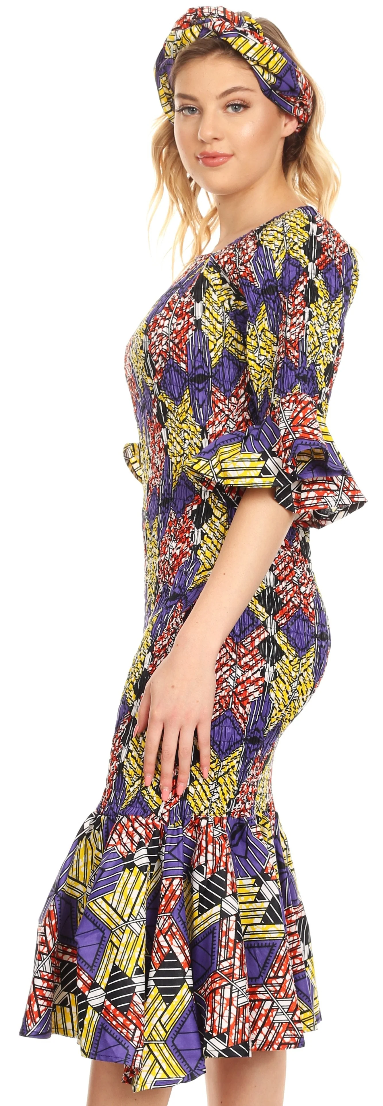 Sakkas Zarah Women's African Ankara Body-con Off shoulder Mermaid Pocket Dress - Image 29