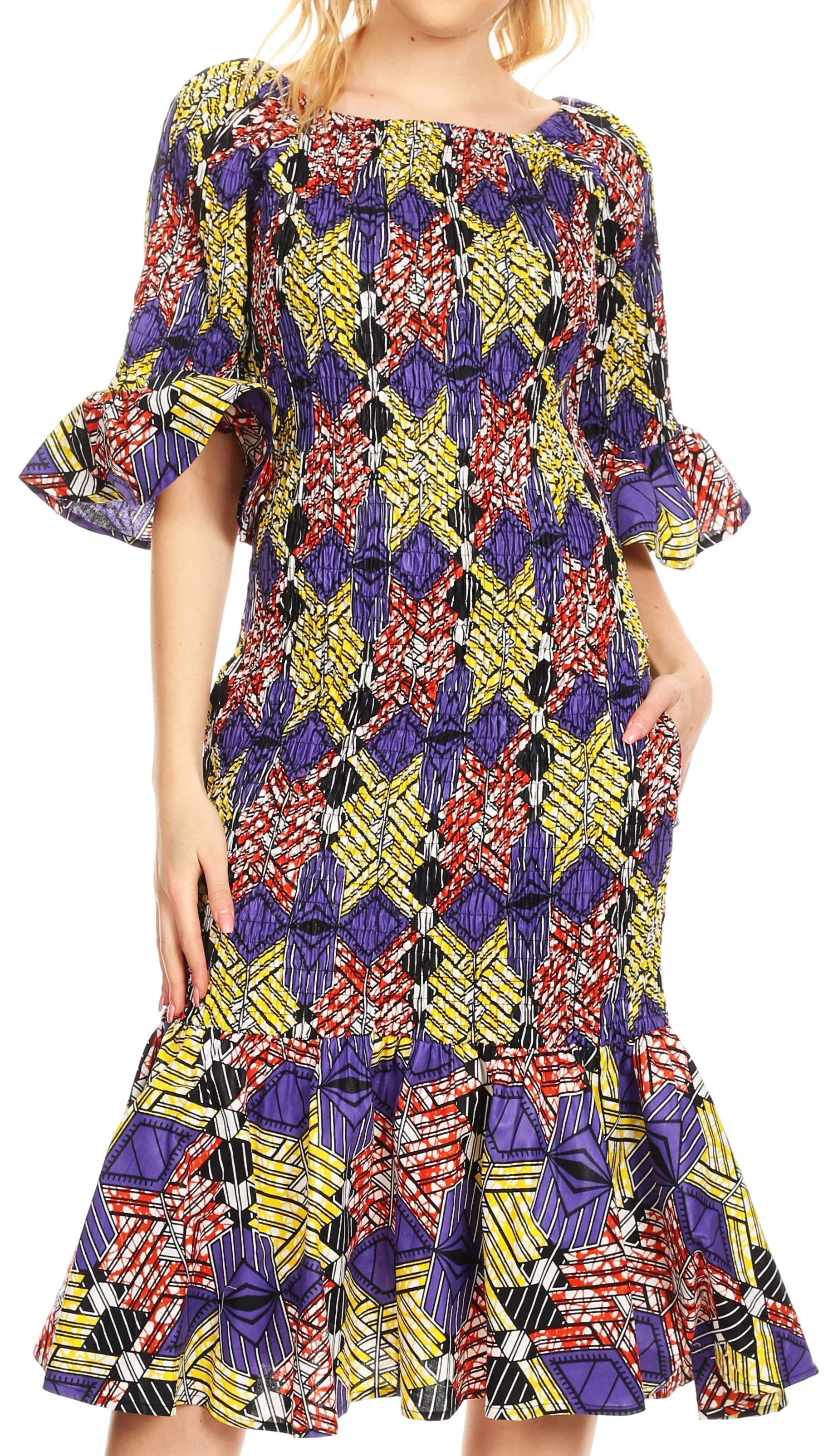 Sakkas Zarah Women's African Ankara Body-con Off shoulder Mermaid Pocket Dress - Image 30