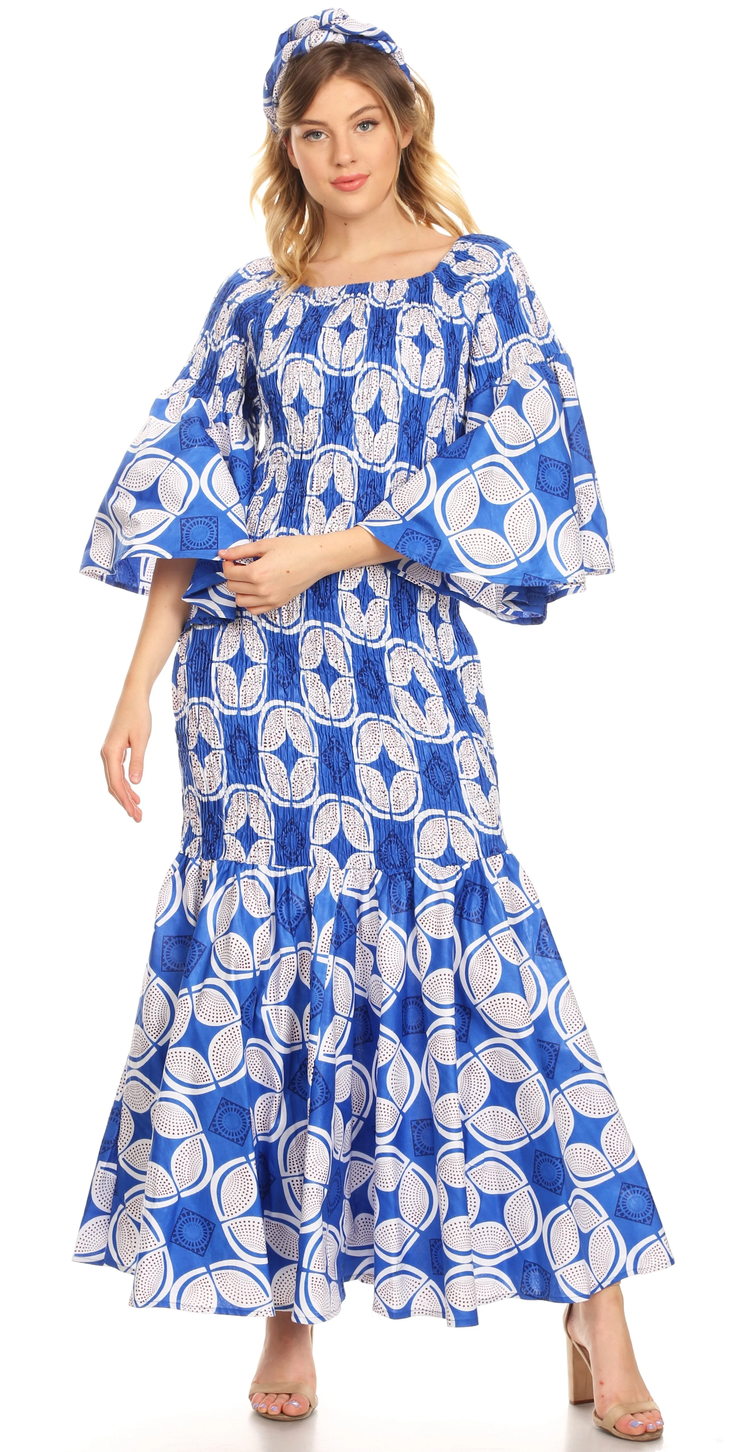 Sakkas Zarah Women's African Ankara Body-con Off shoulder Mermaid Pocket Dress - Image 37
