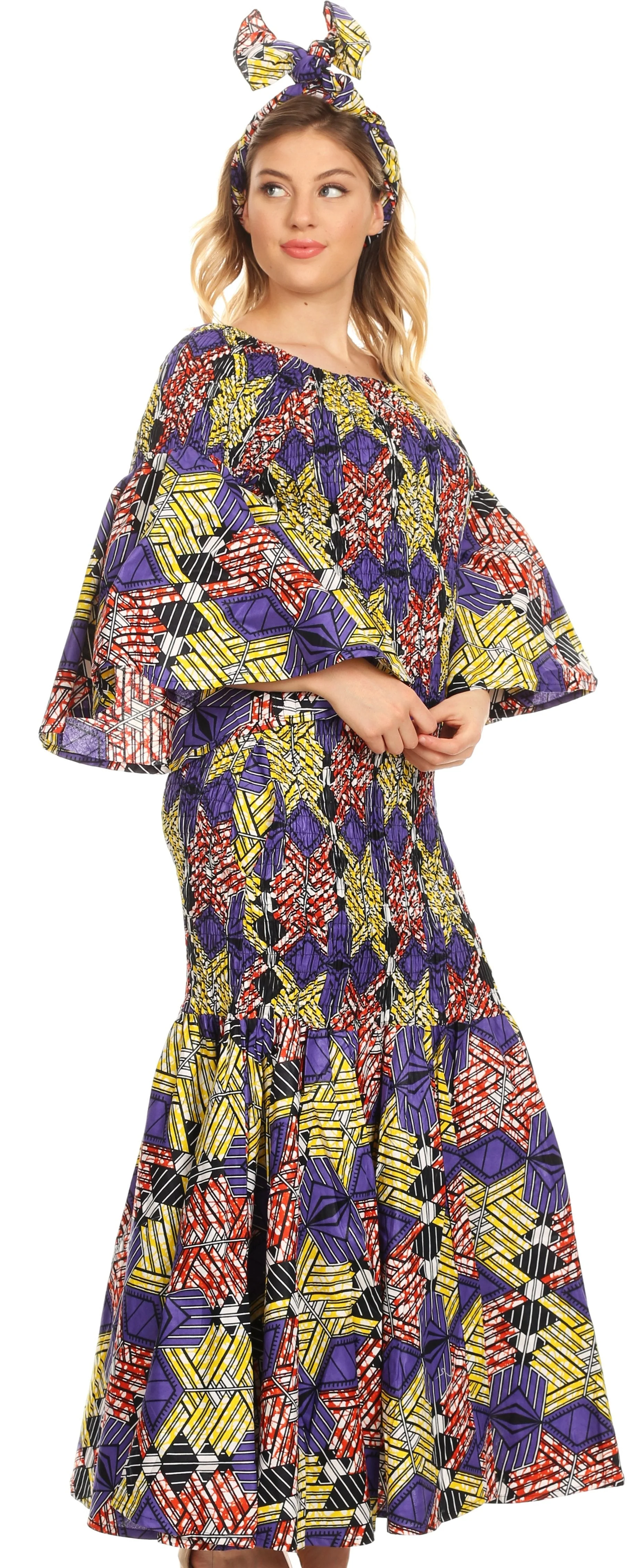 Sakkas Zarah Women's African Ankara Body-con Off shoulder Mermaid Pocket Dress - Image 46