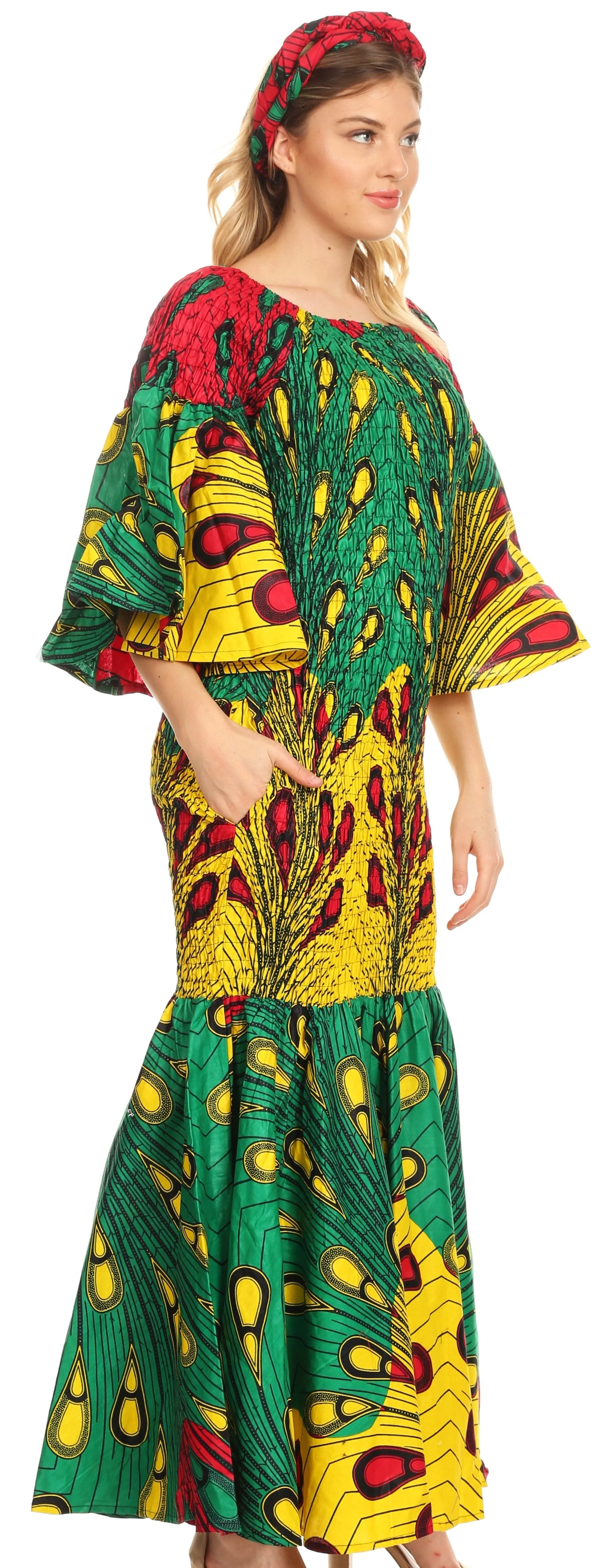 Sakkas Zarah Women's African Ankara Body-con Off shoulder Mermaid Pocket Dress - Image 48