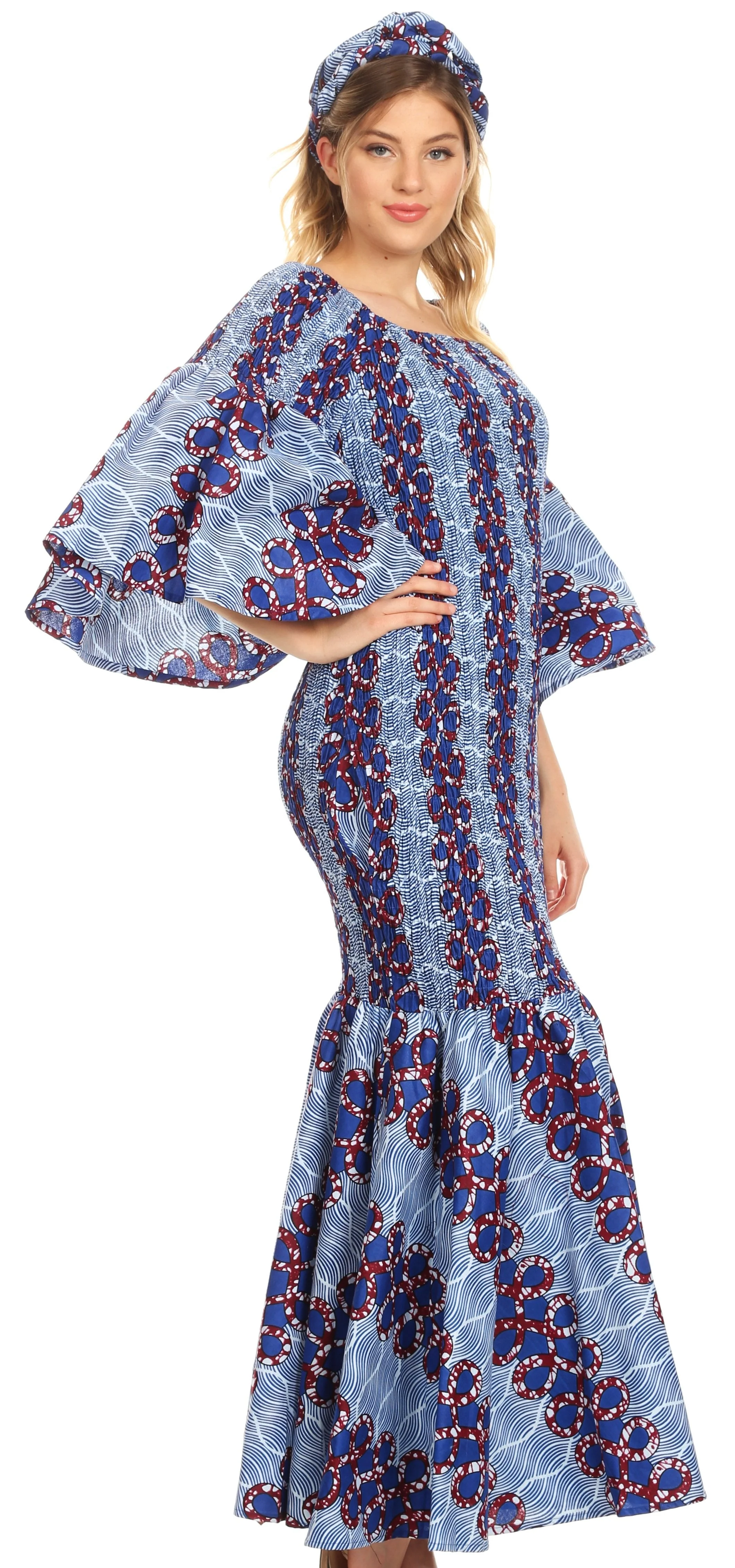 Sakkas Zarah Women's African Ankara Body-con Off shoulder Mermaid Pocket Dress - Image 53