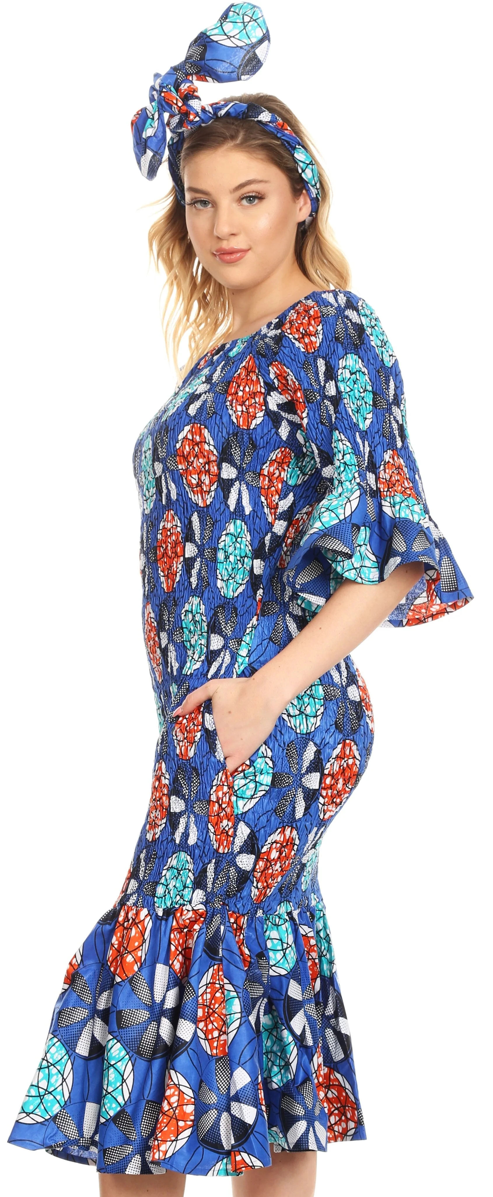 Sakkas Zarah Women's African Ankara Body-con Off shoulder Mermaid Pocket Dress - Image 8